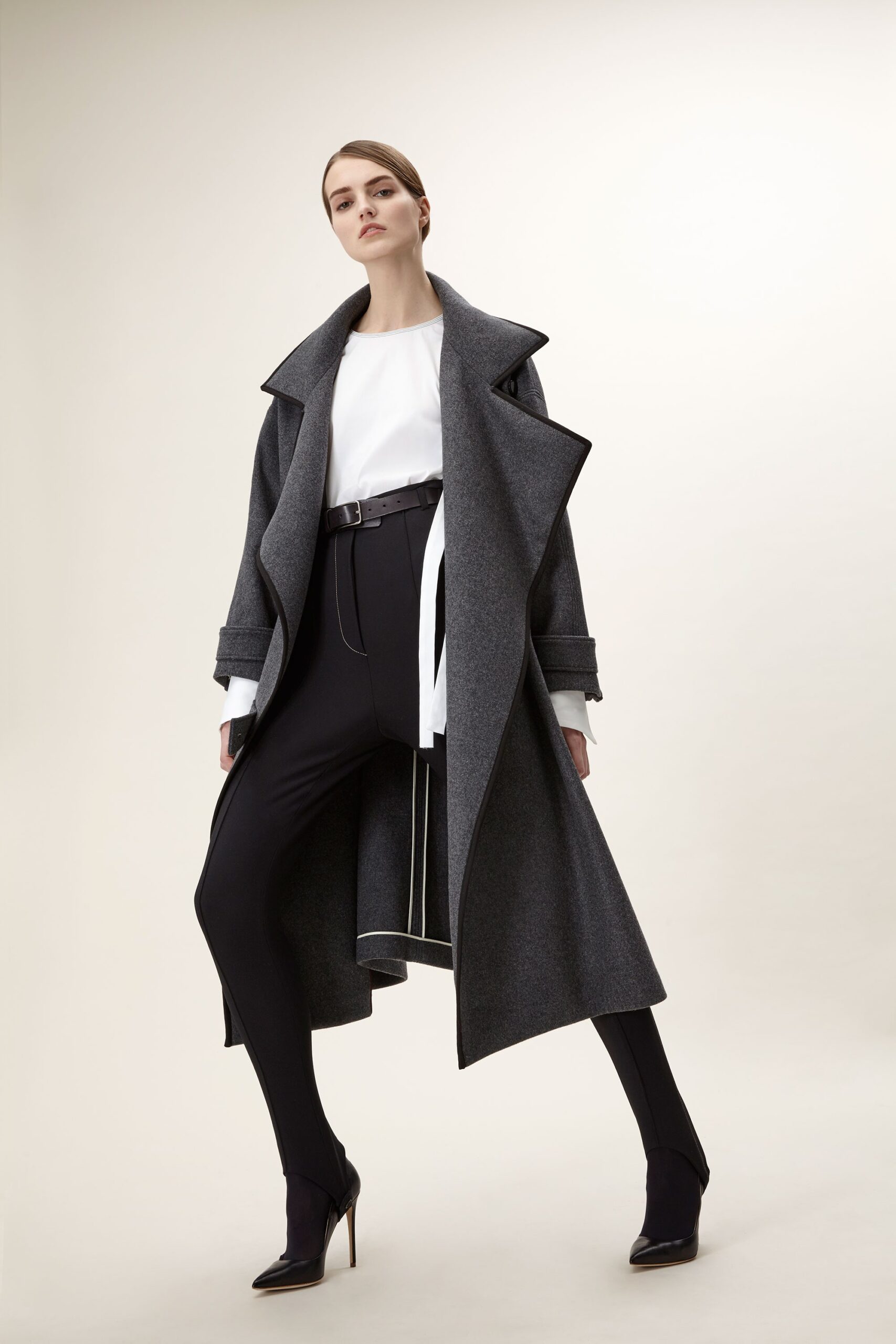 gray wool coat with black pants