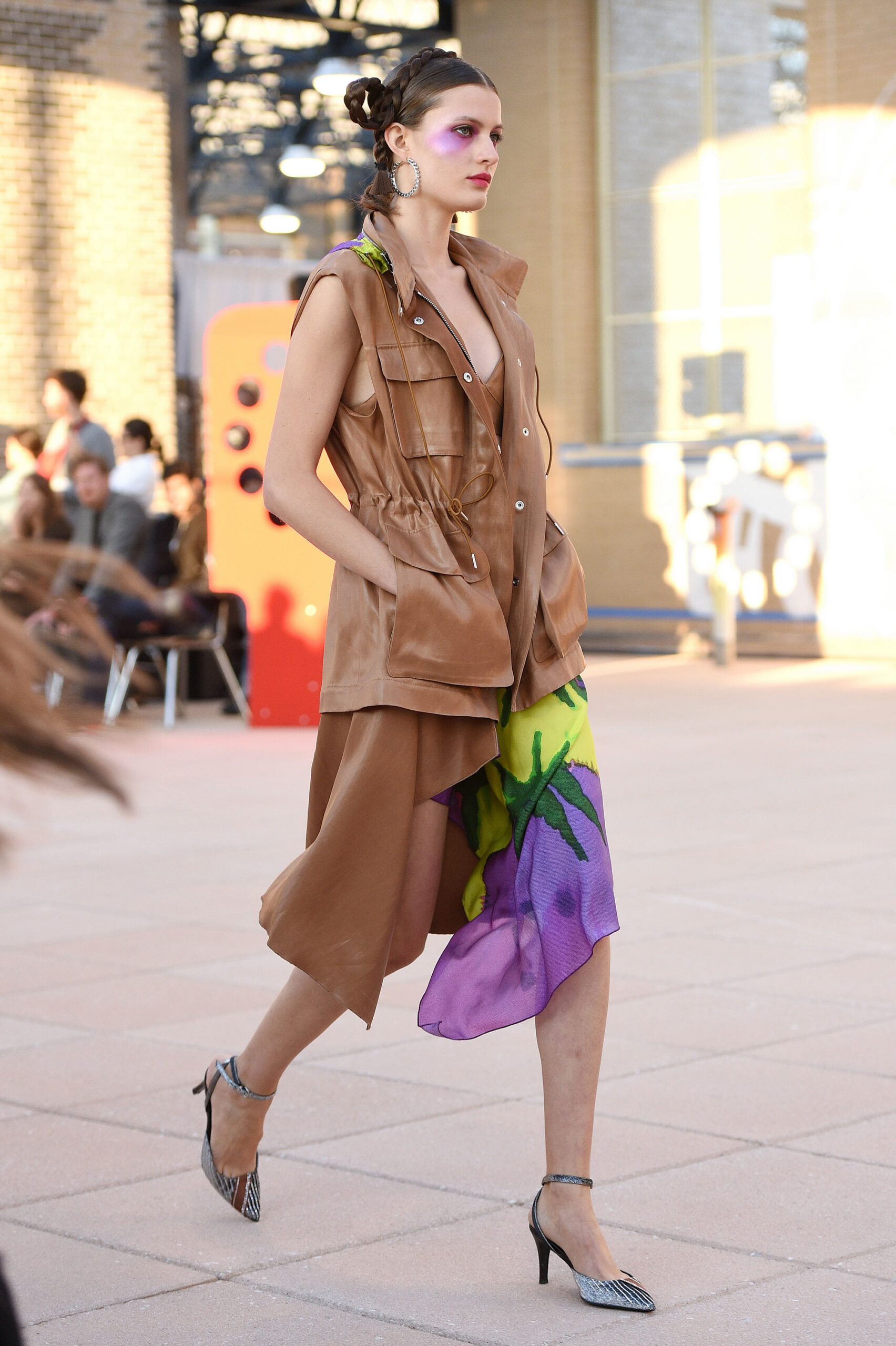 brown silk sleeveless collared fitted layered flared dress