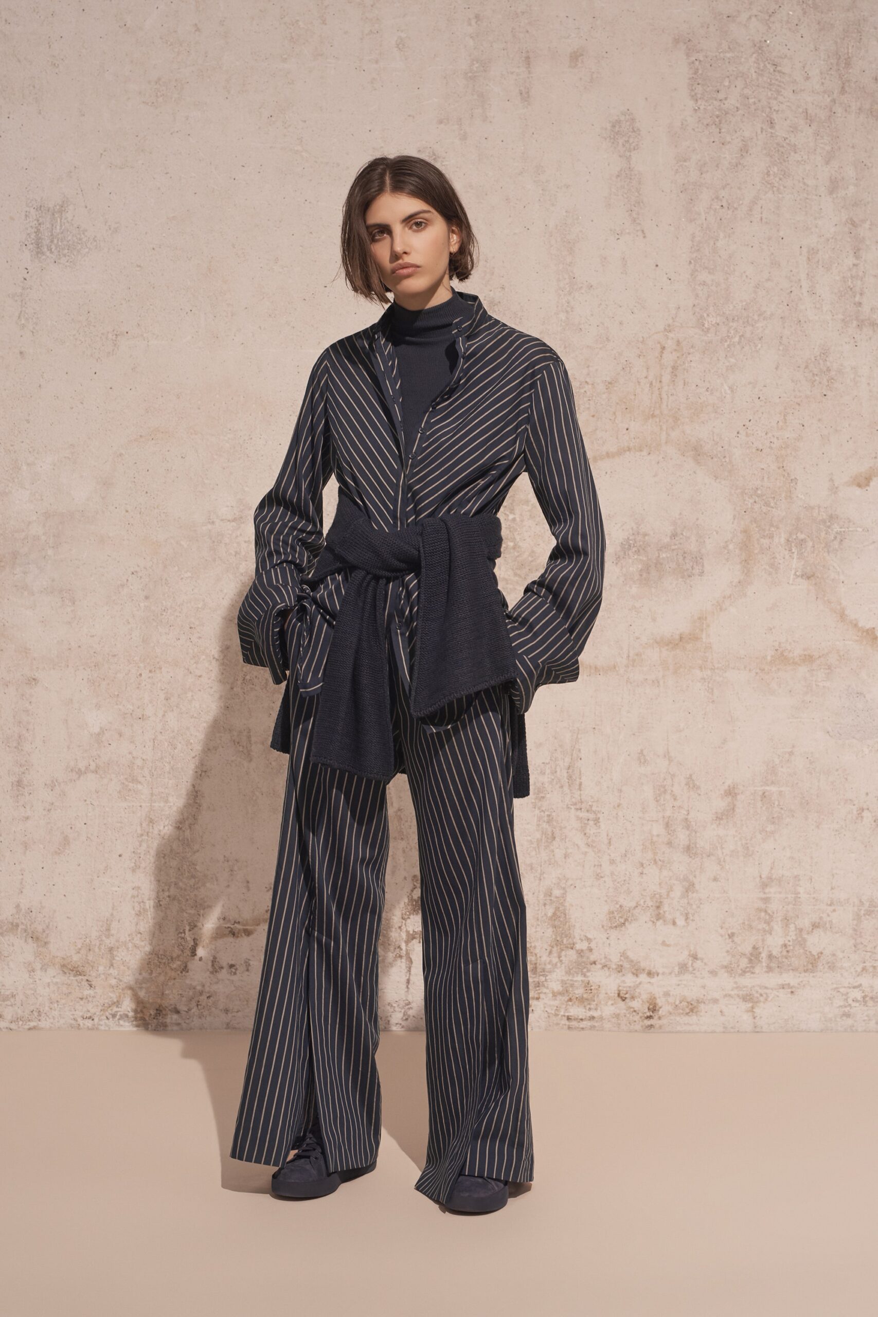 blue striped shirt and wide-leg pants