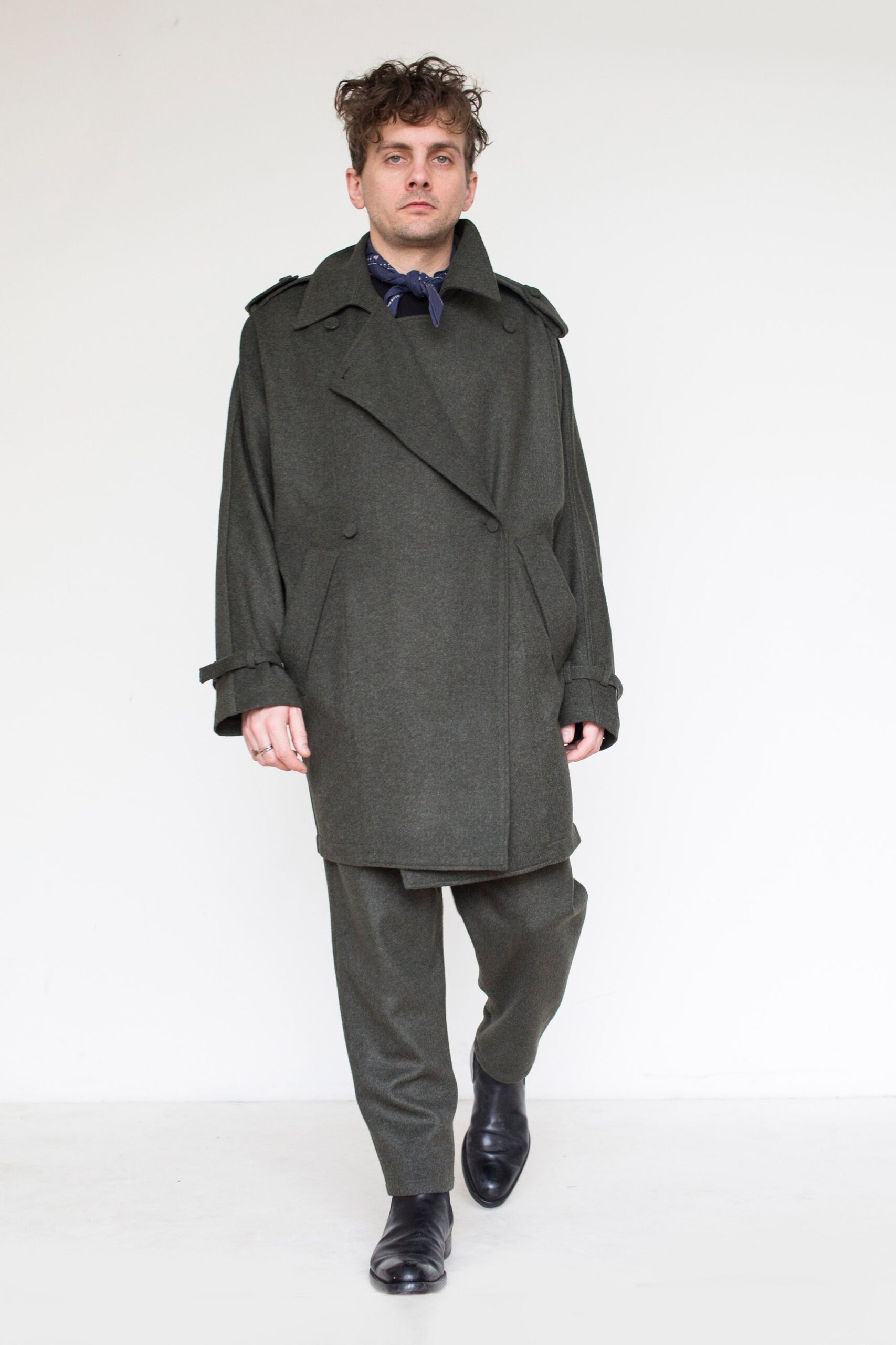 gray wool coat and tailored pants