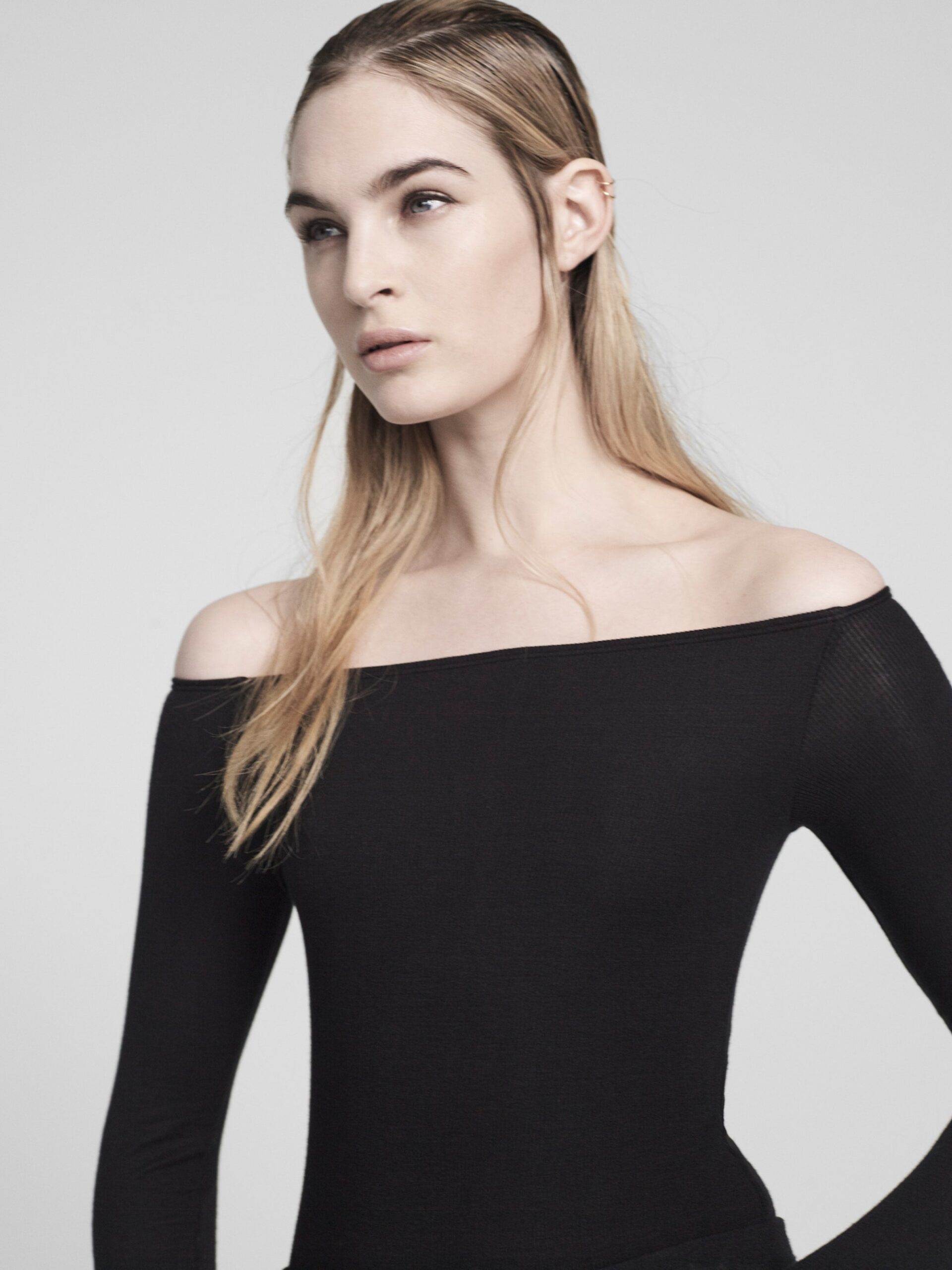 black off-shoulder bodysuit