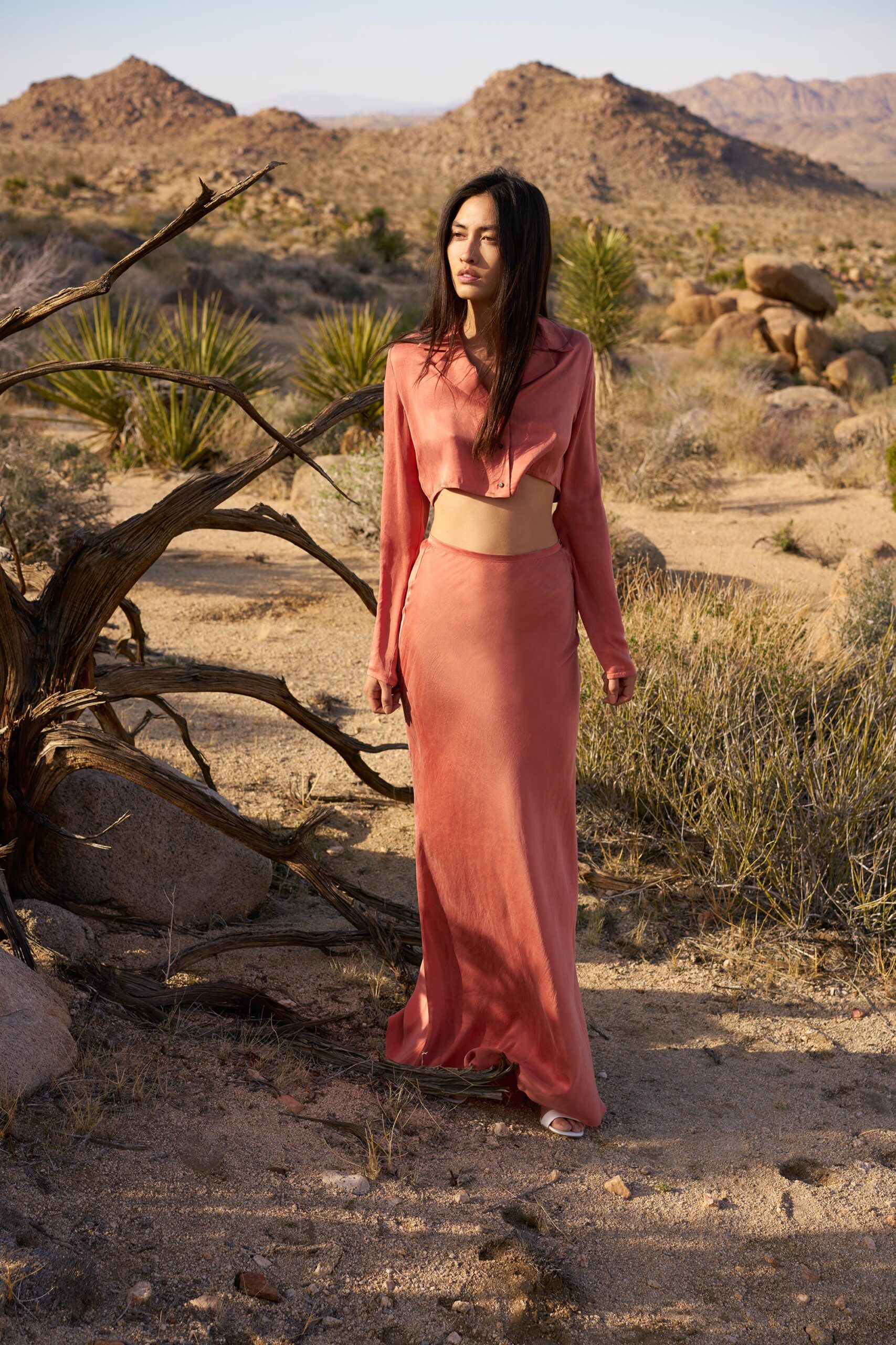 pink silk long-sleeve fitted flowing cropped top