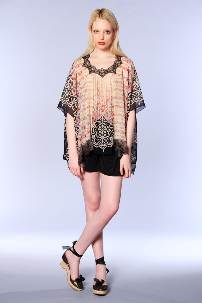 multi silk sleeveless v-neck relaxed pleated embroidered poncho