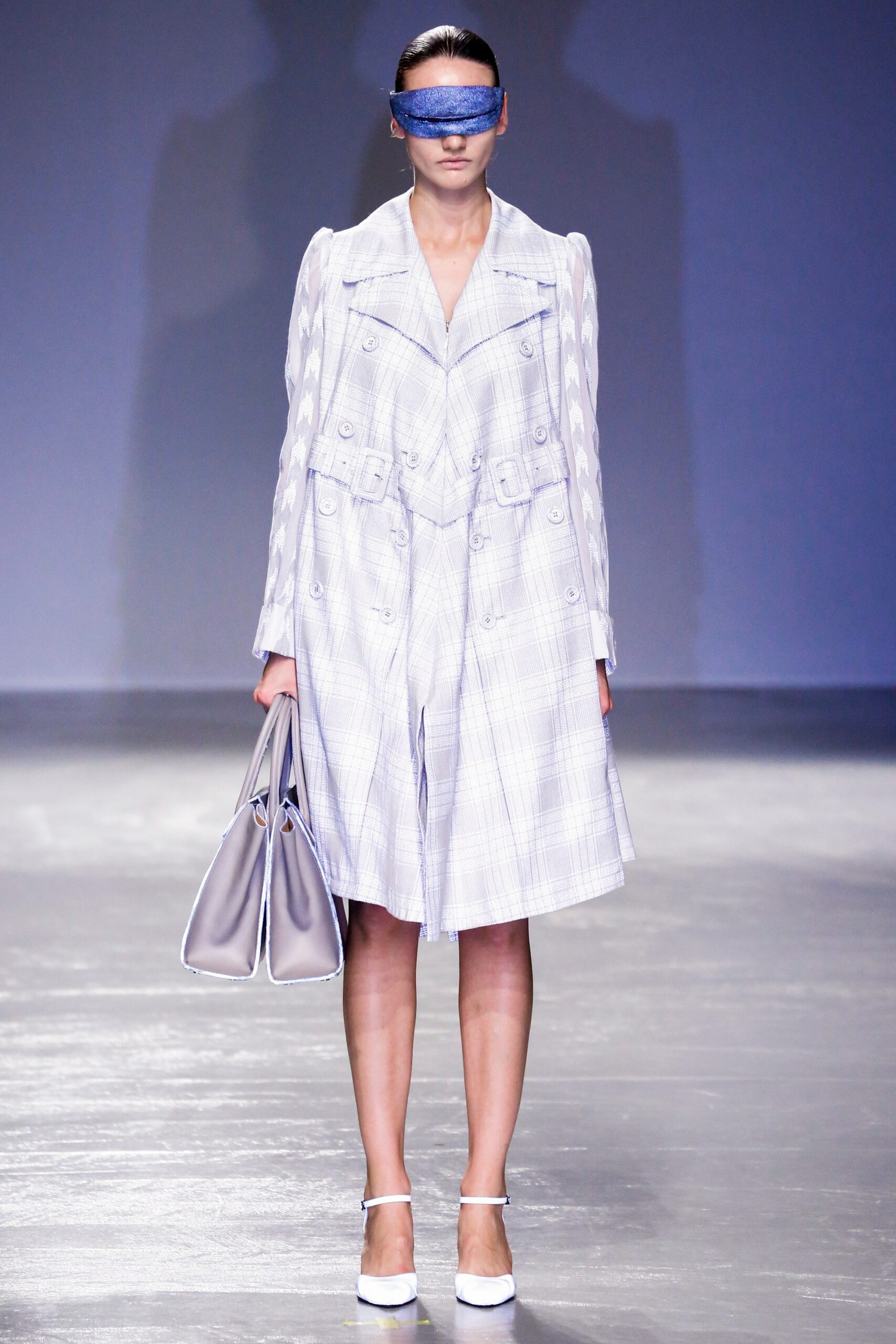 gray cotton long-sleeve collared relaxed checked midi coat