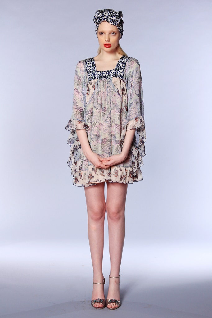 pink chiffon long-sleeve scoop-neck relaxed ruffled flared dress