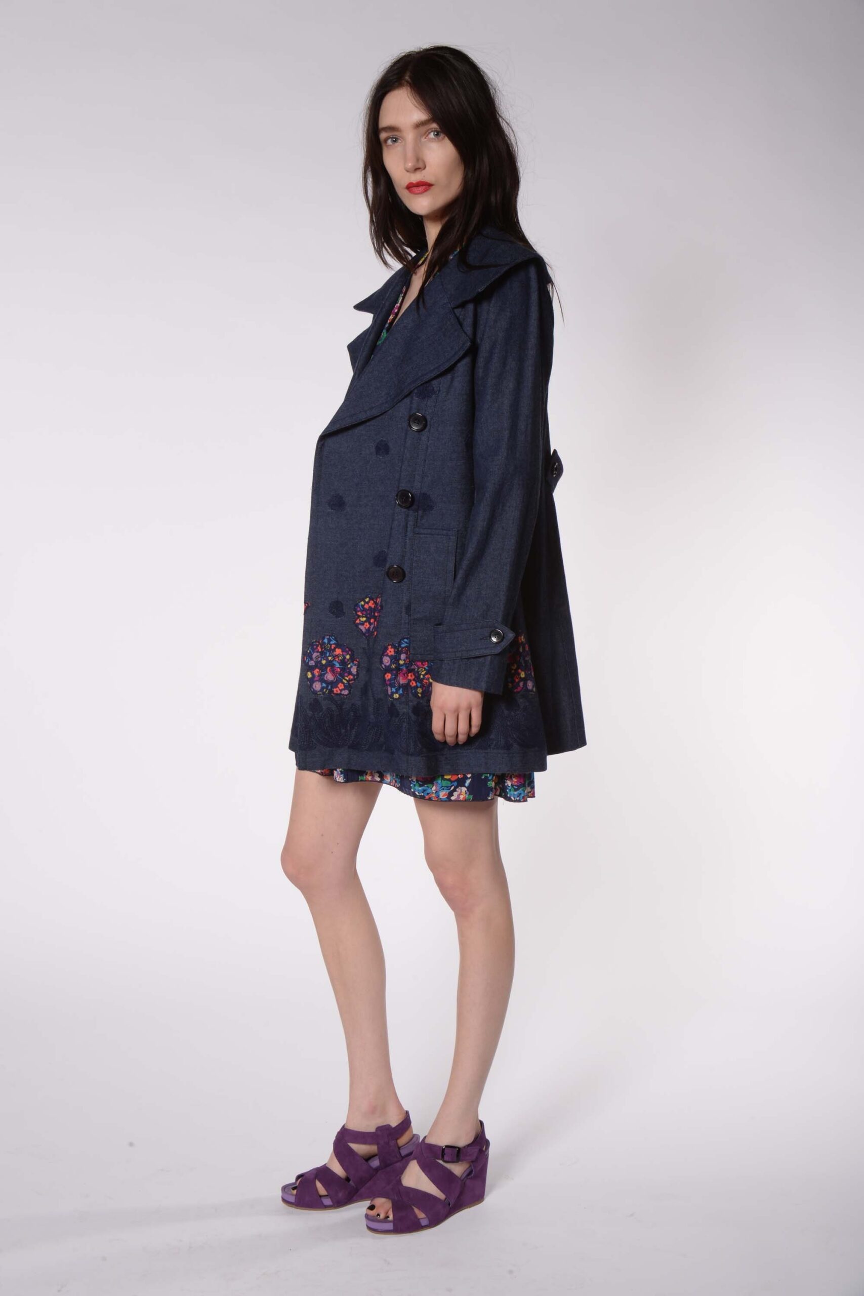 blue denim coat with floral dress