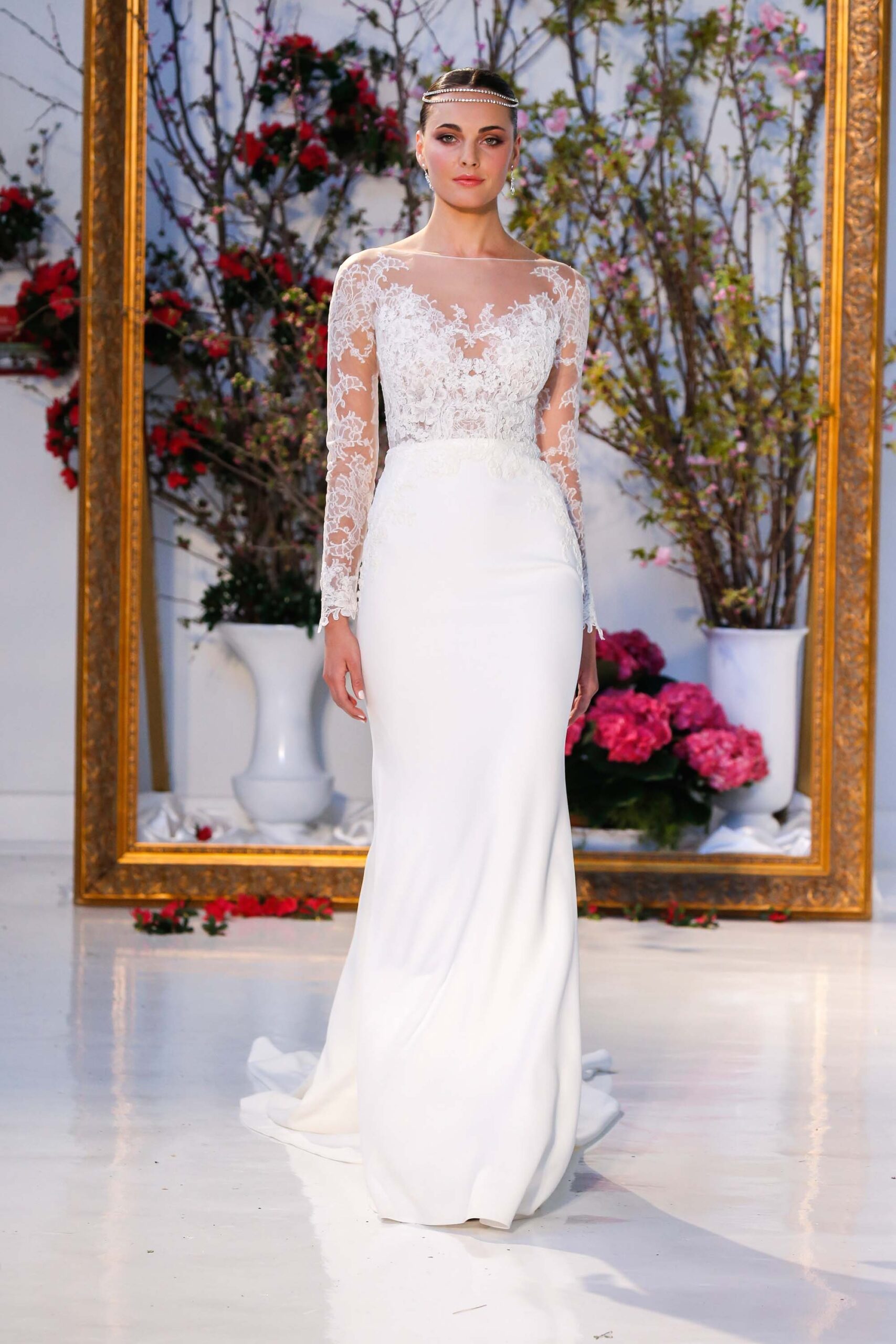 white silk embroidered gown