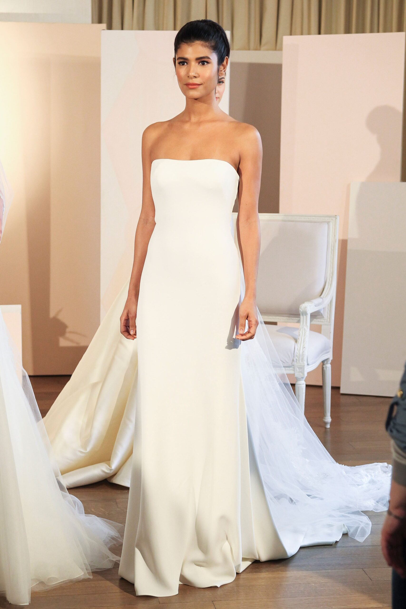 white silk strapless gown