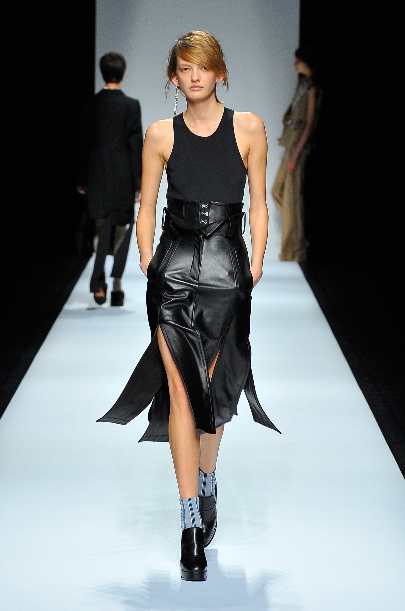 black leather sleeveless dress