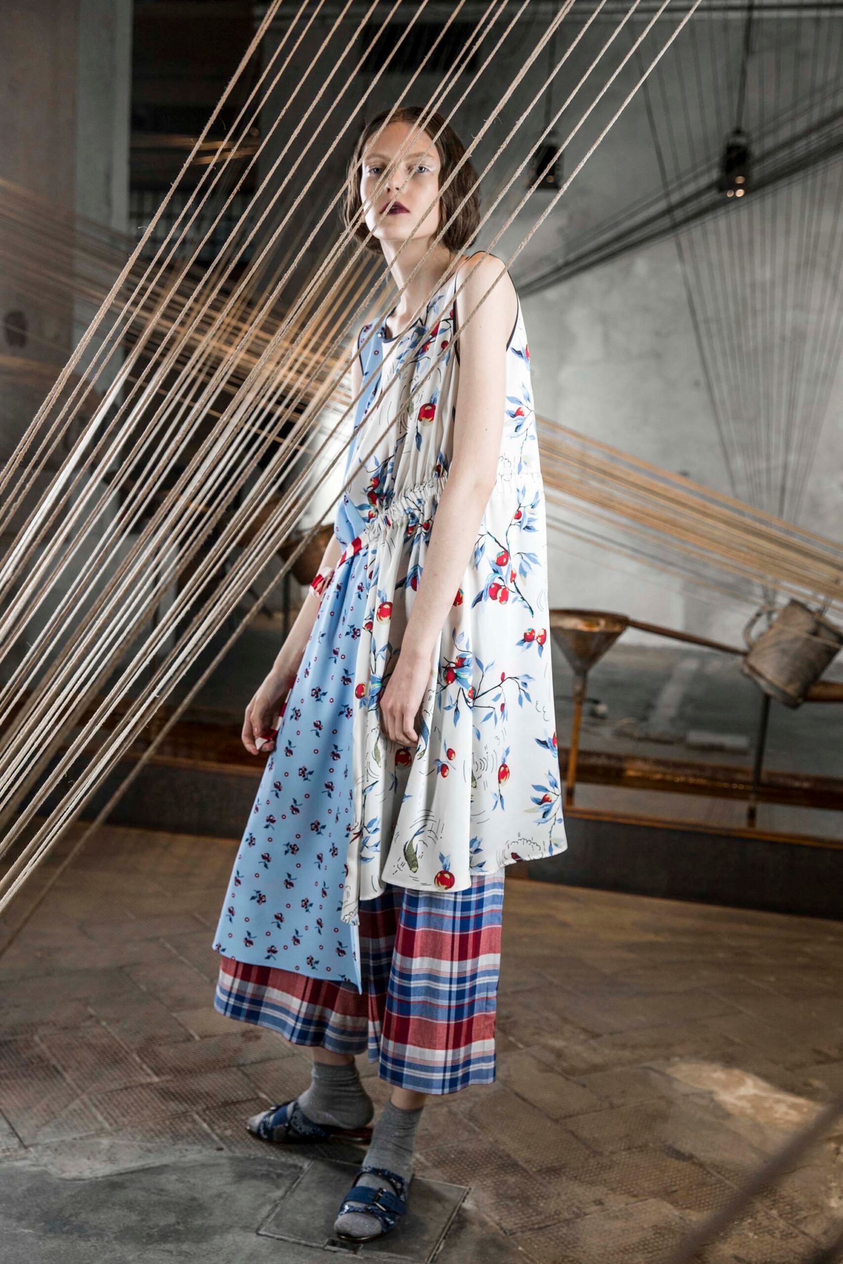 floral midi dress with checked pants