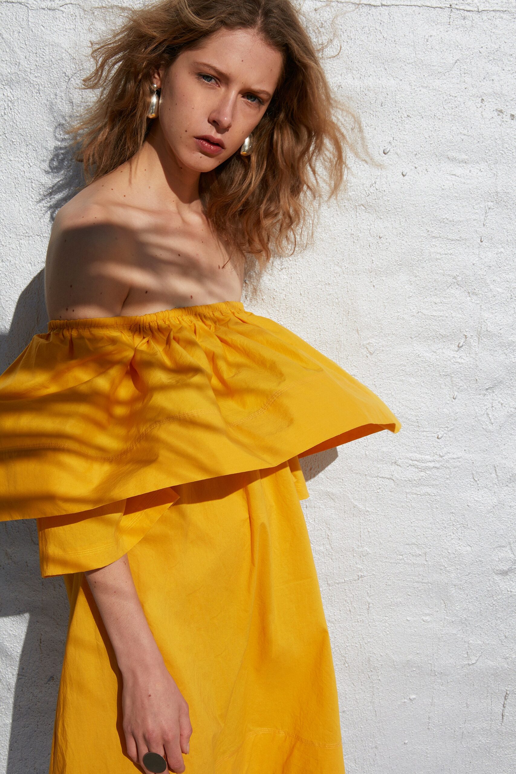 yellow off-shoulder relaxed dress