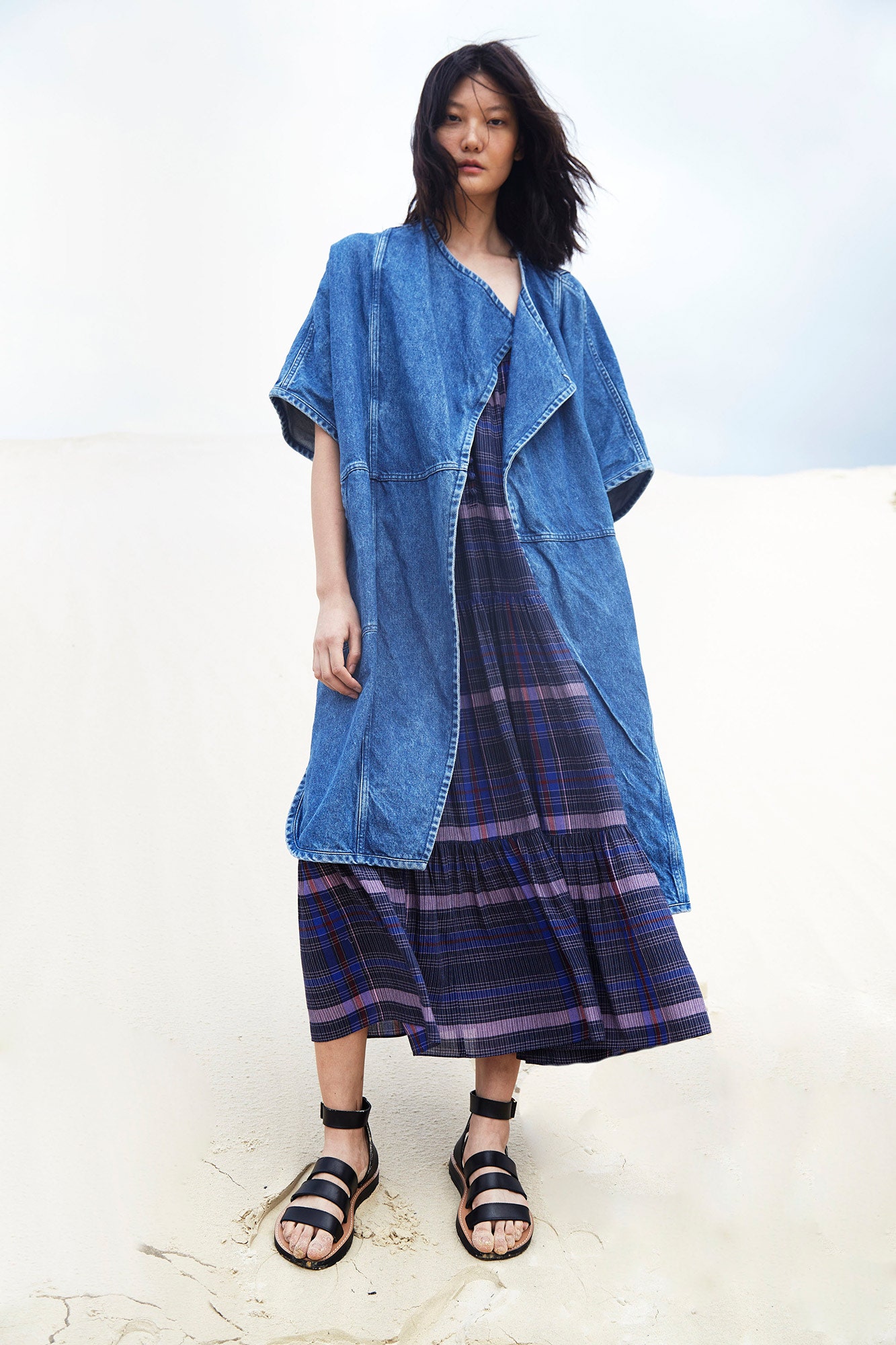 blue denim long-sleeve relaxed draped coat