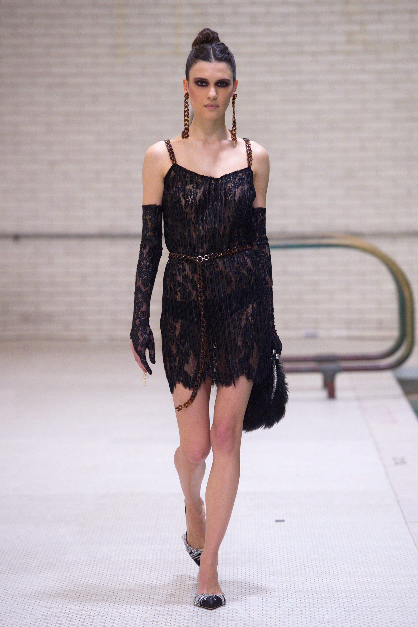 black lace mini dress with gloves