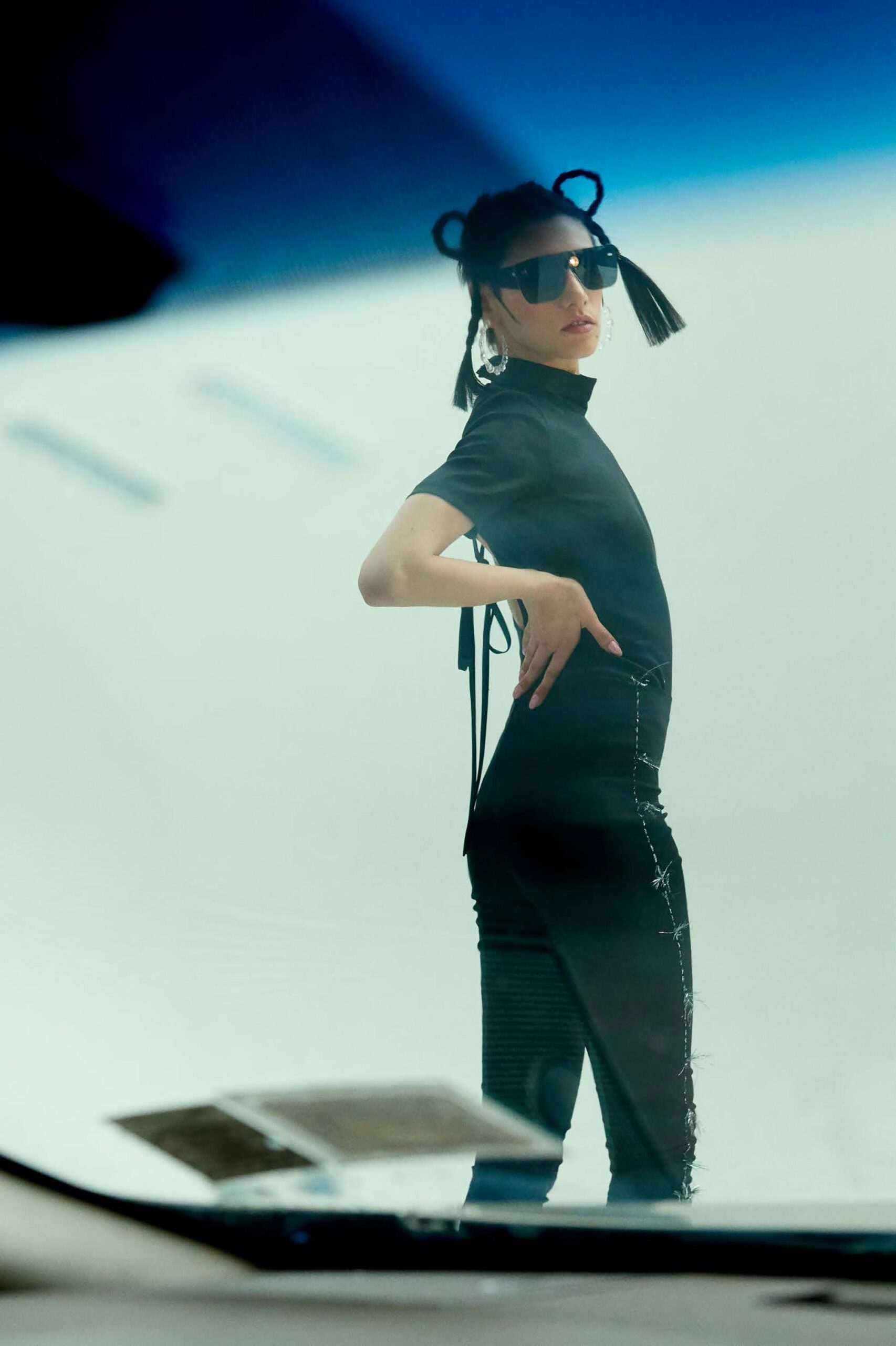 black fitted top and slim pants