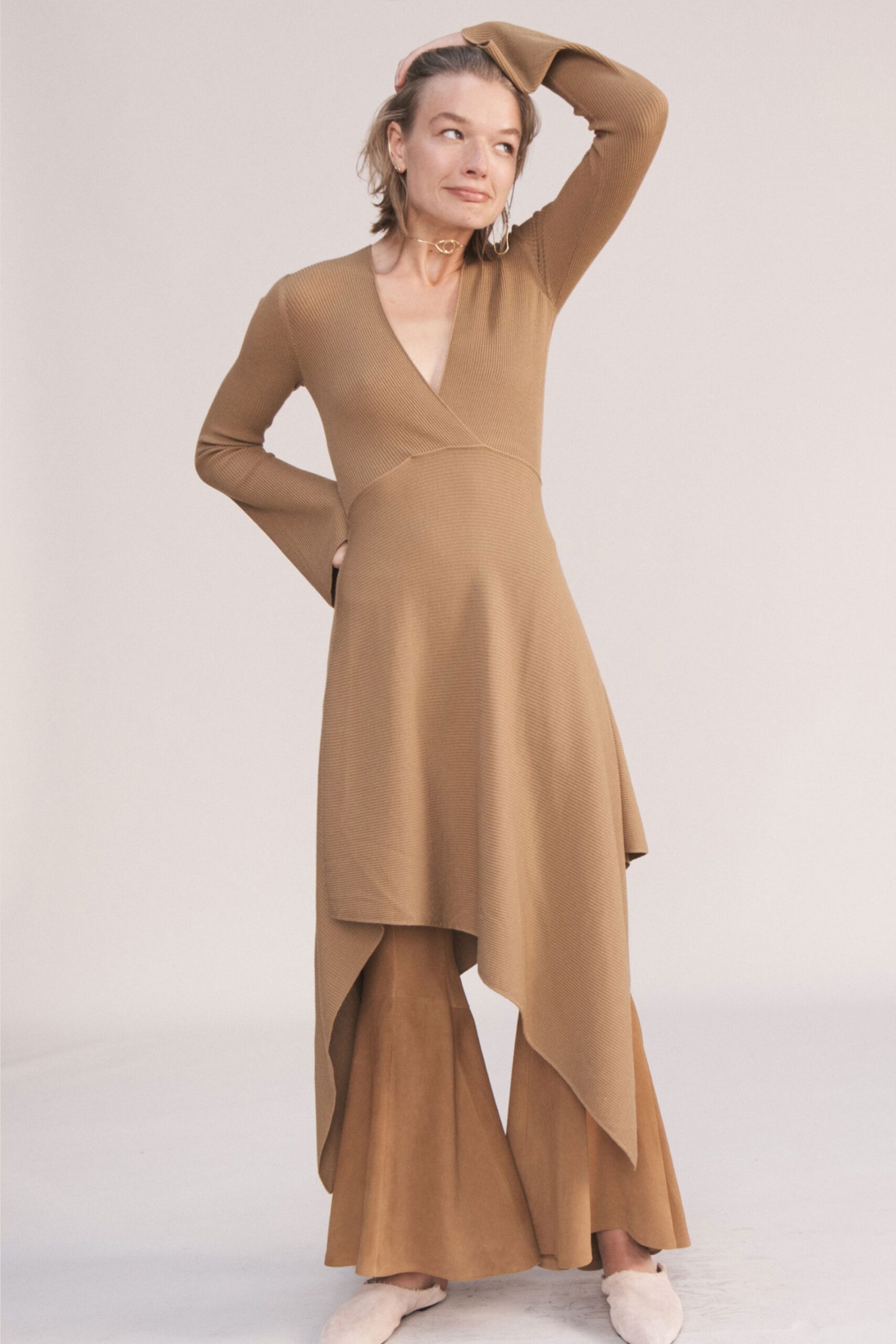 brown asymmetric dress with flared pants
