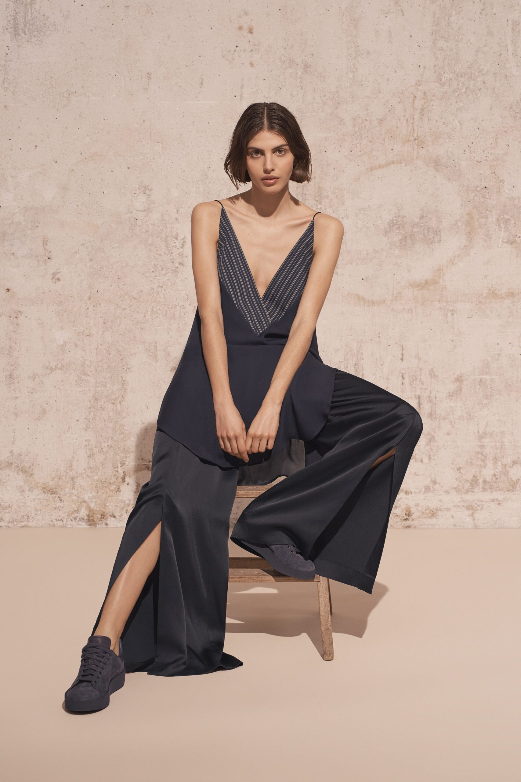 navy silk fitted jumpsuit