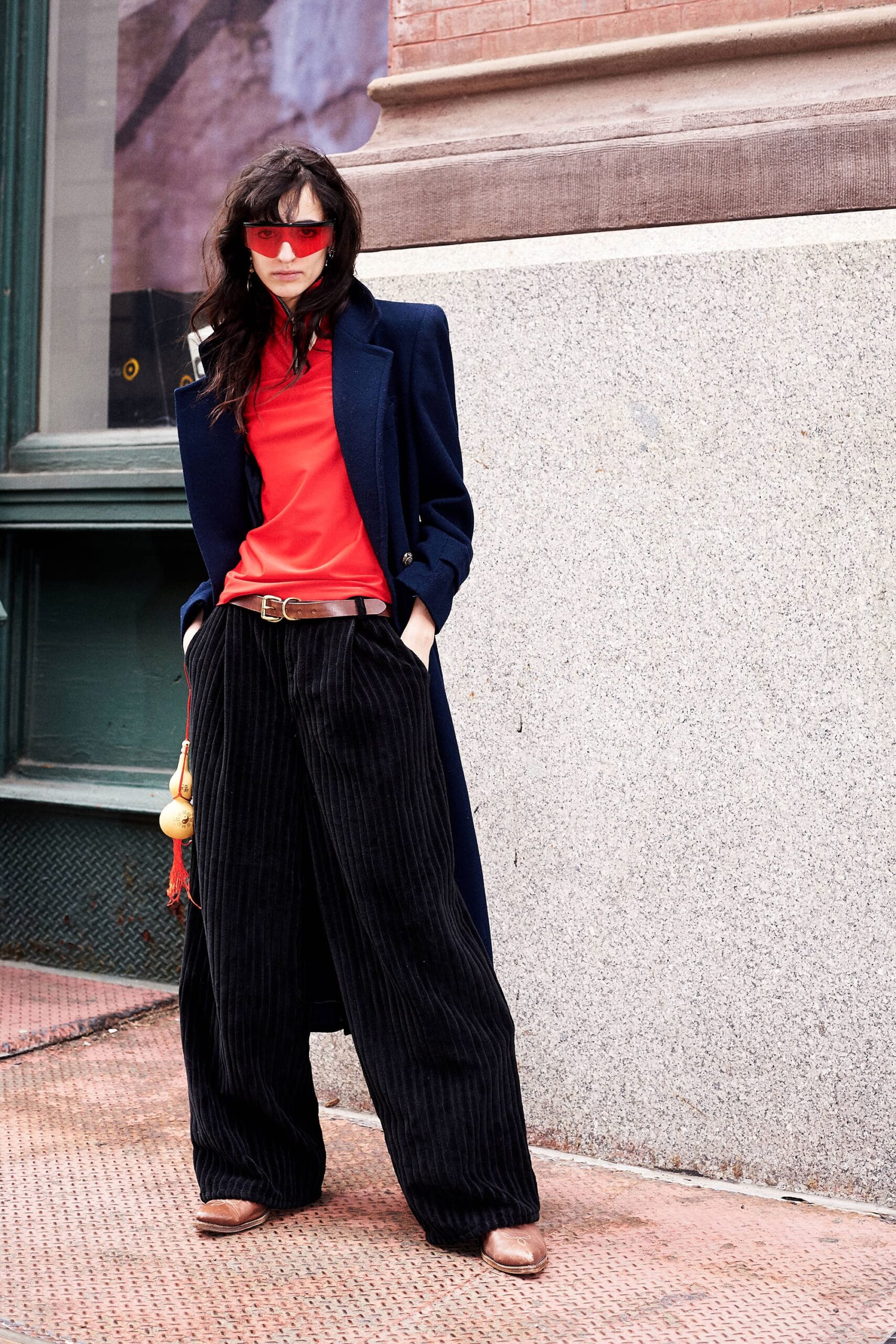 blue long-sleeve collared tailored buttoned coat