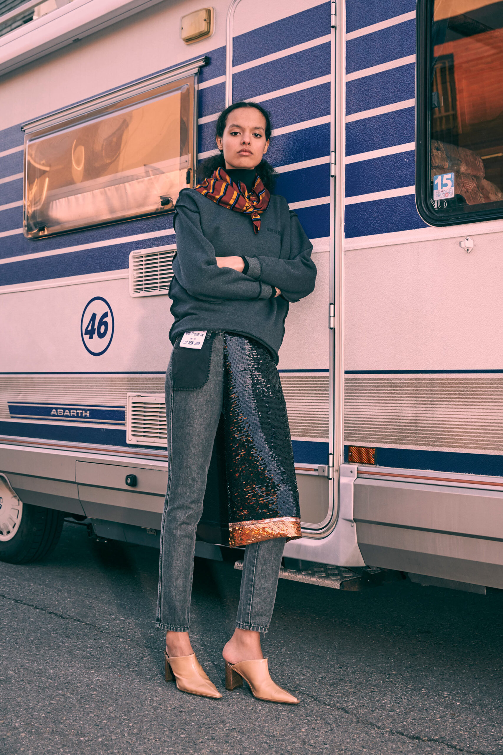 gray sweater with denim pants