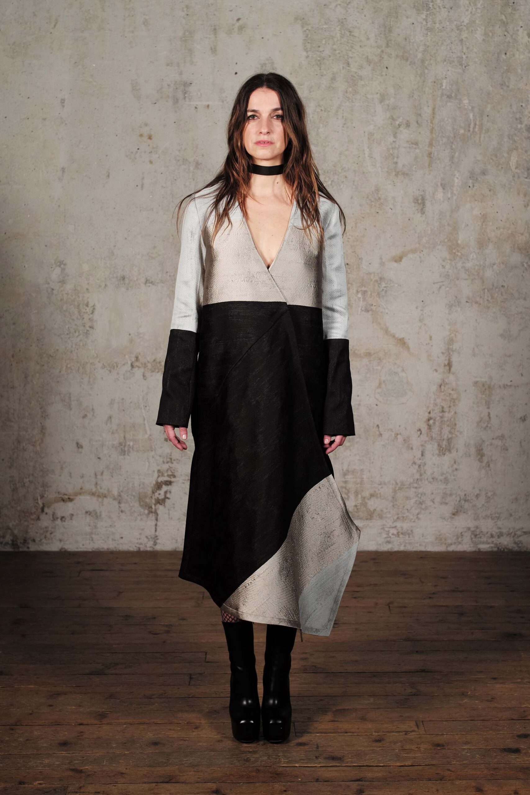 asymmetric black and gray silk dress