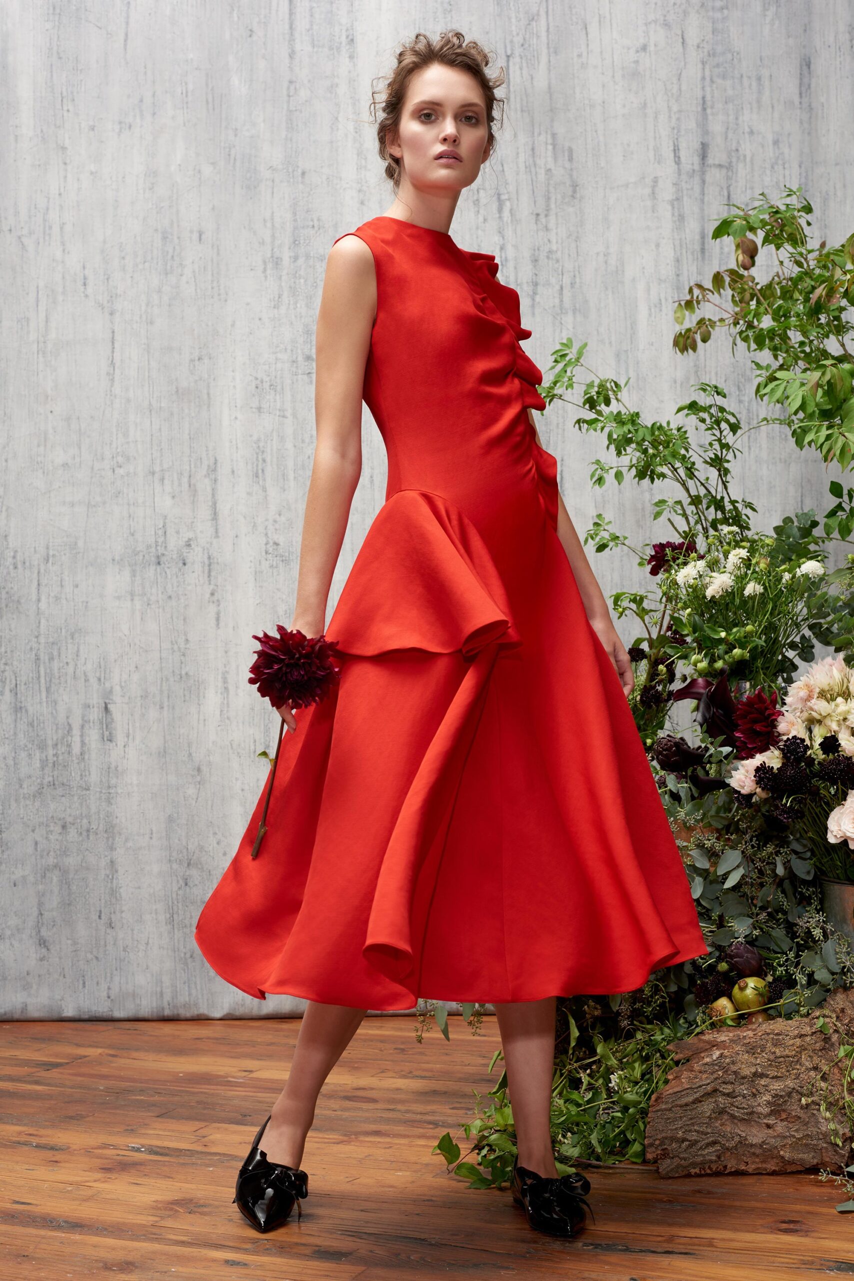 fitted red pleated midi dress