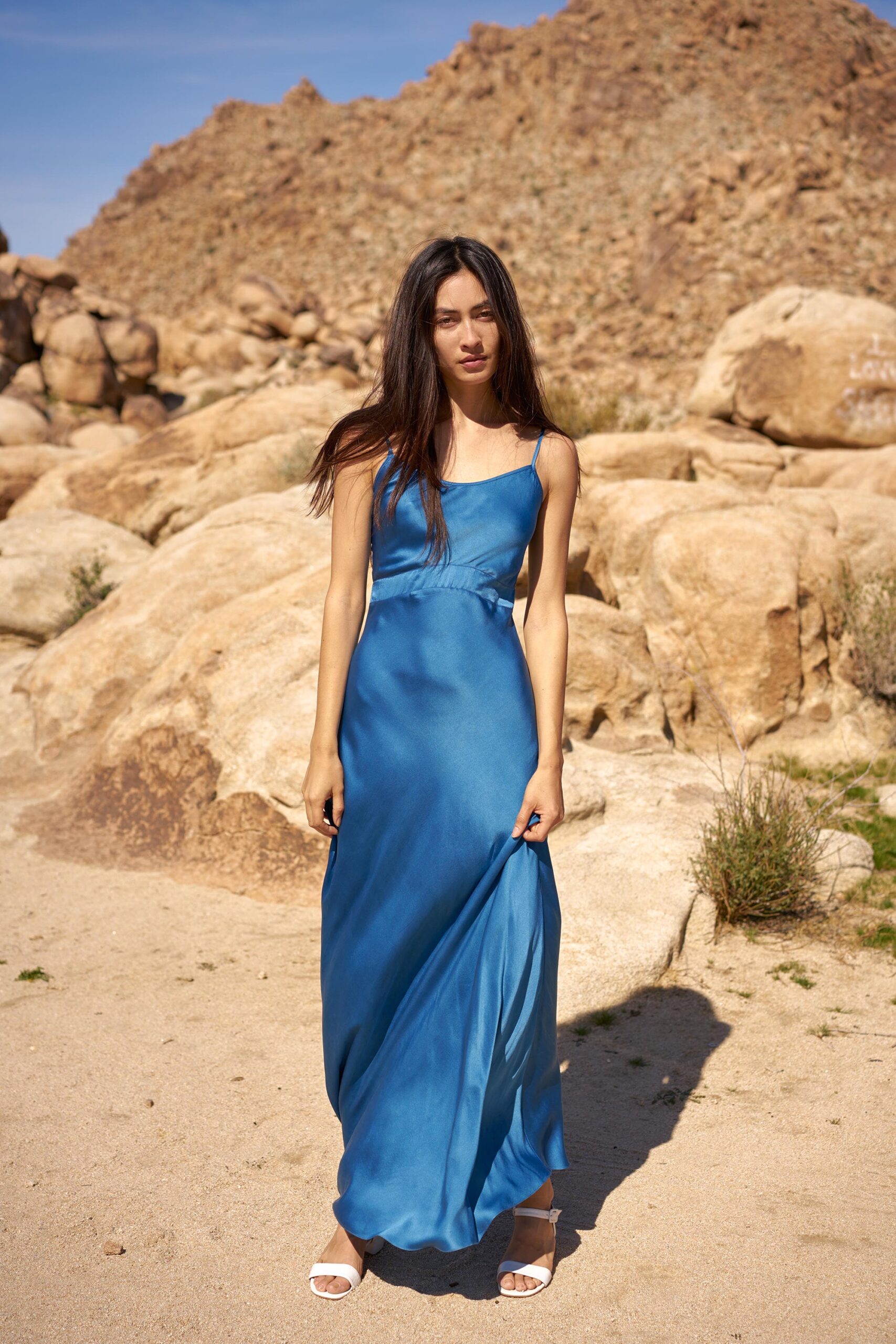 blue silk sleeveless maxi dress