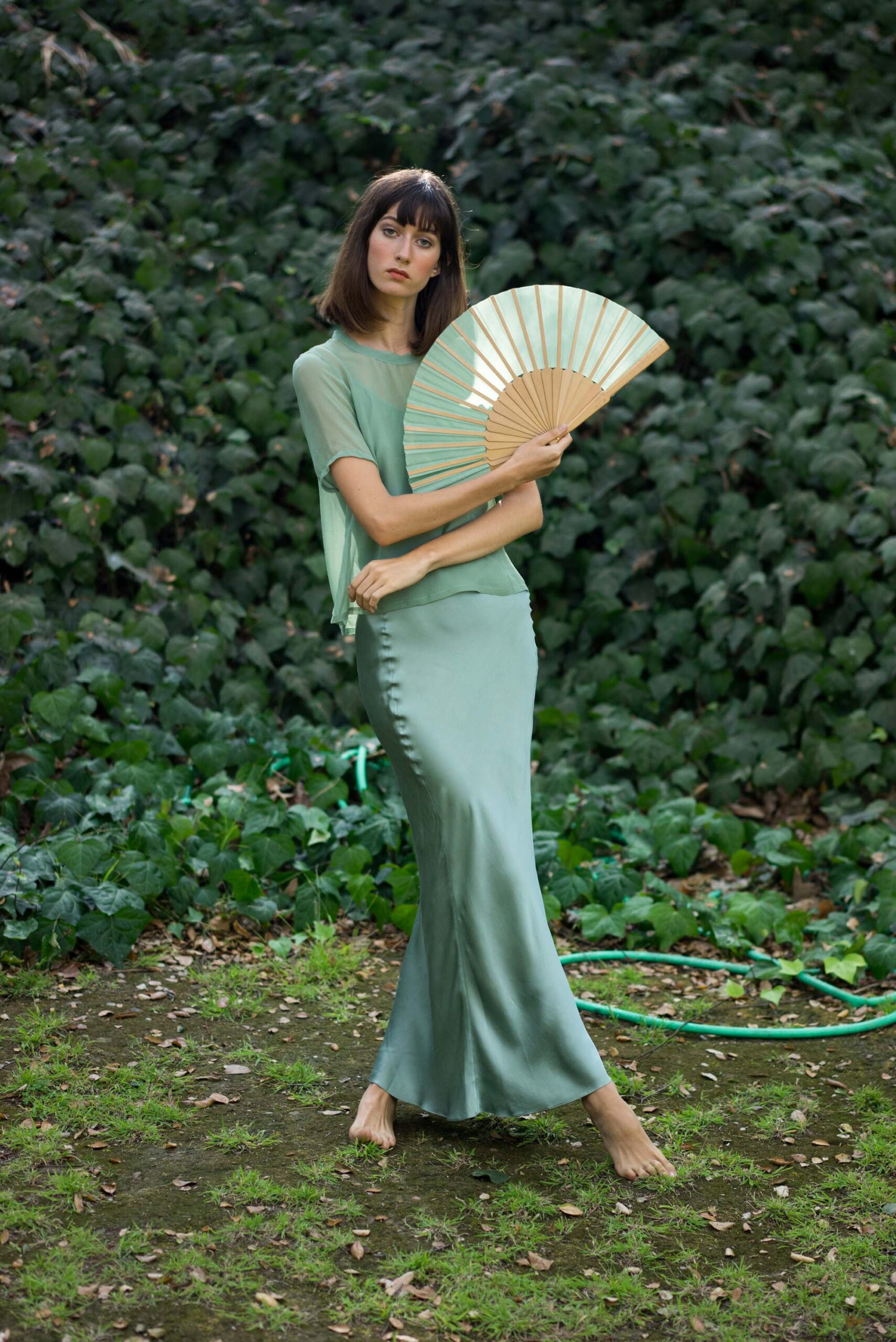fitted green silk maxi dress