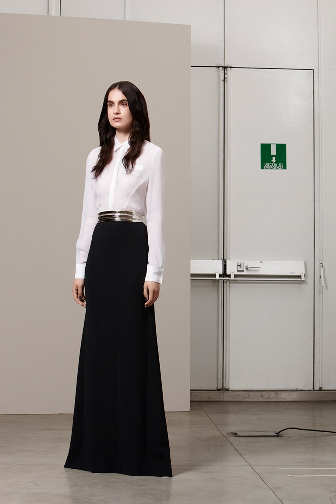 white fitted shirt black maxi skirt