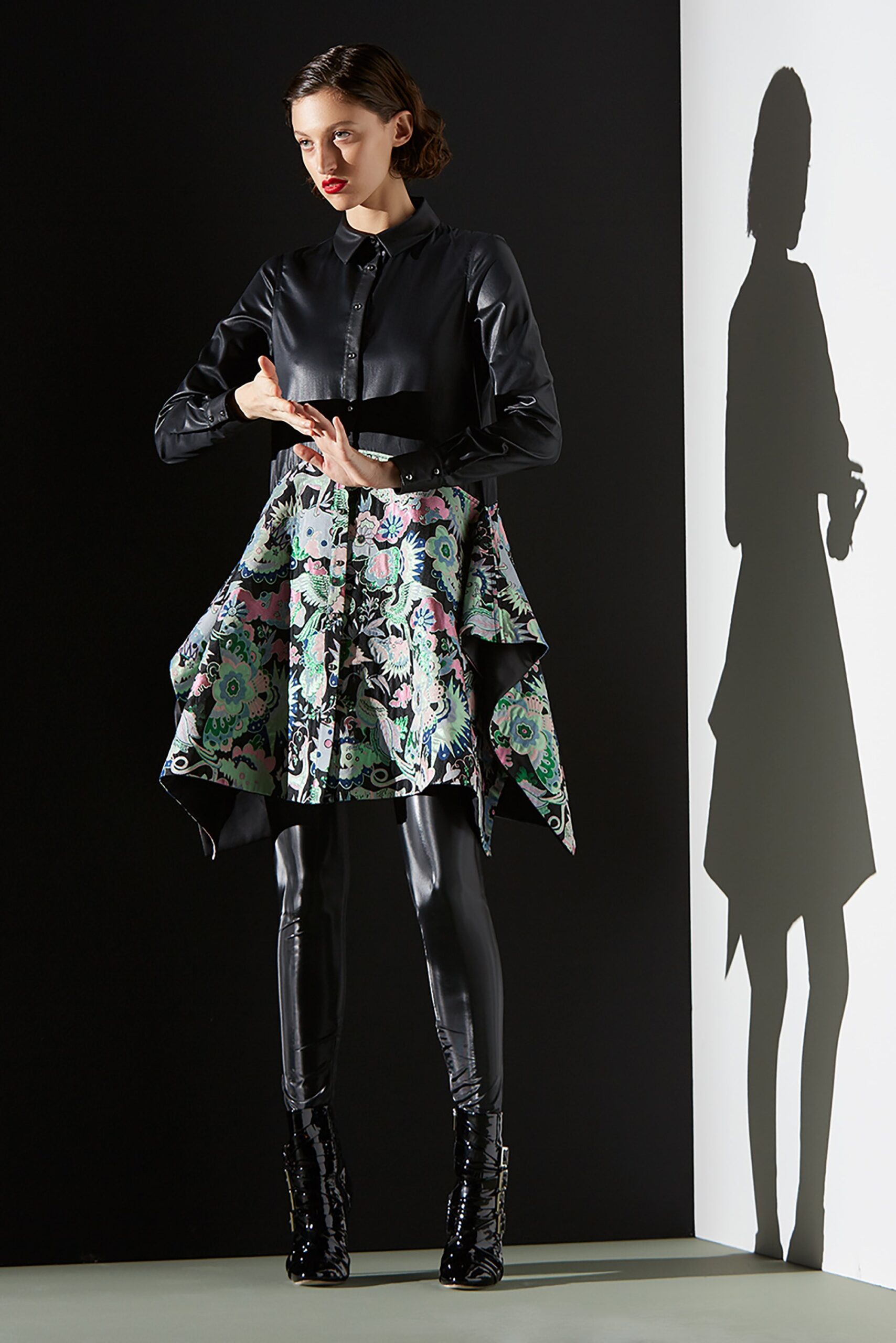 multi silk asymmetric fitted flared skirt