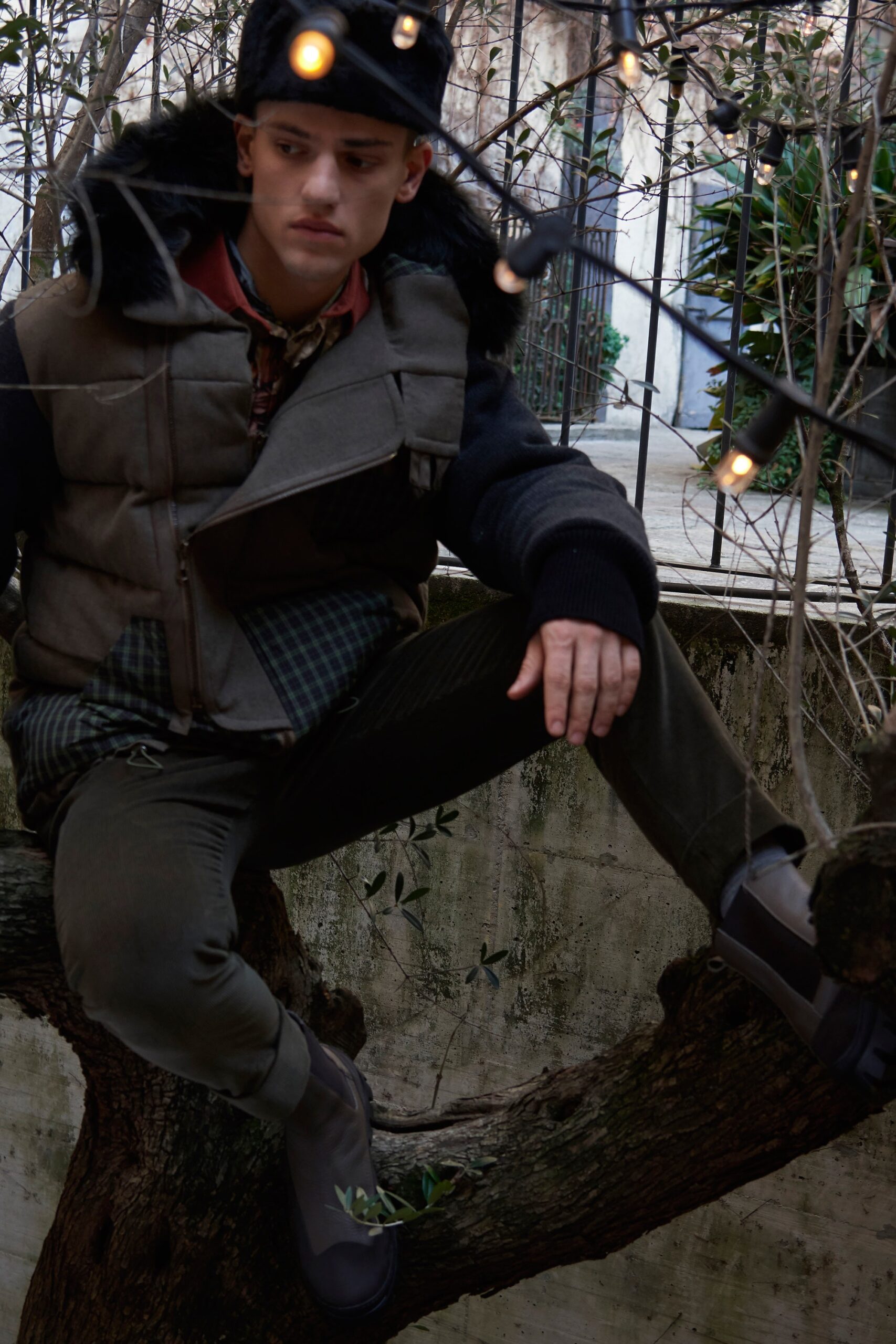 gray wool vest with checked shirt