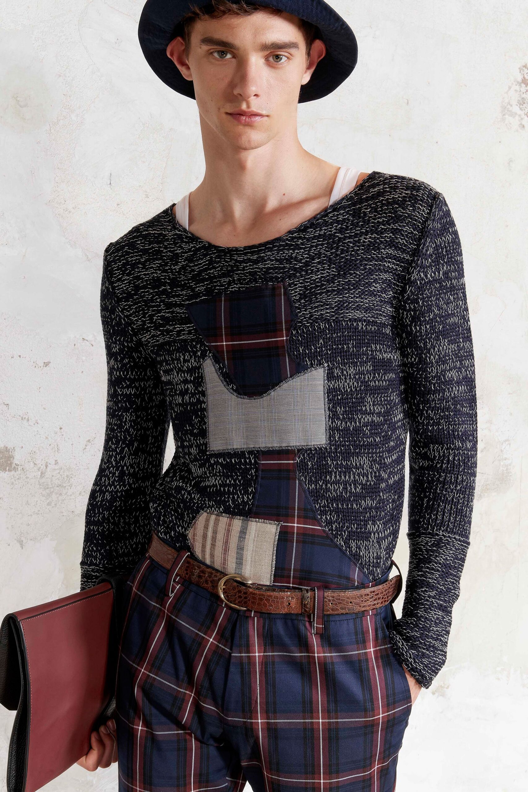 blue patchwork top with tailored pants