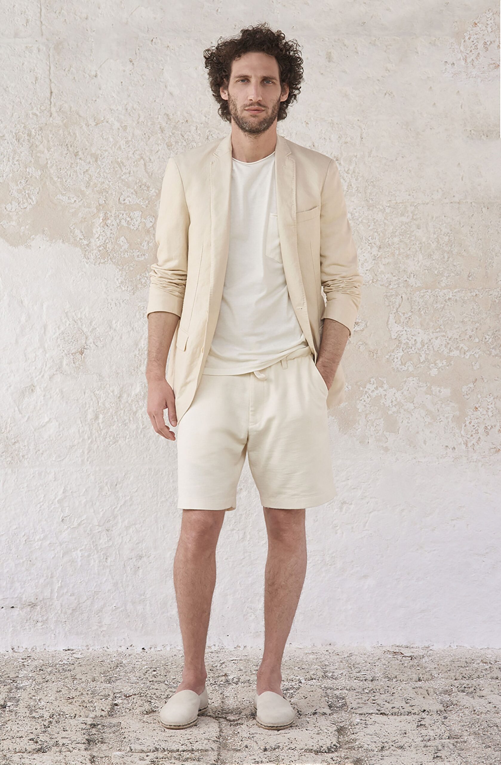 beige tailored blazer with shorts