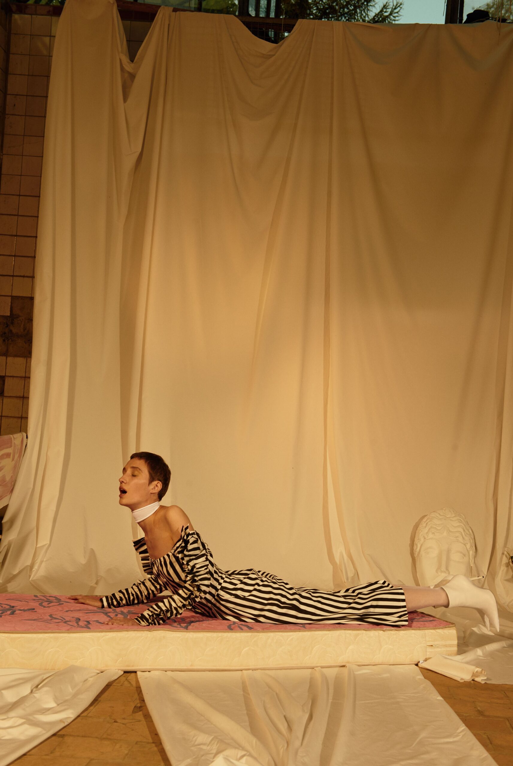 striped off-shoulder jumpsuit