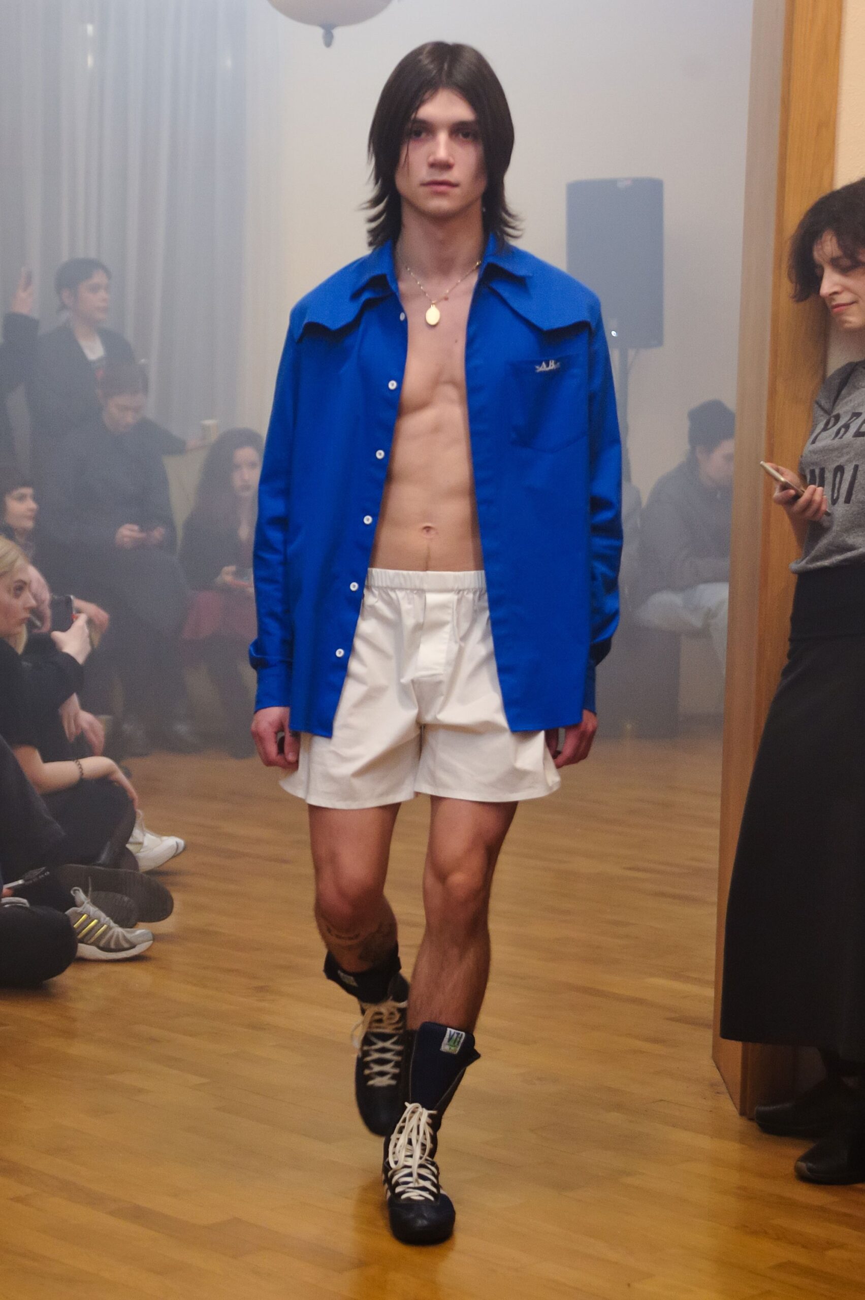 blue cotton shirt white shorts