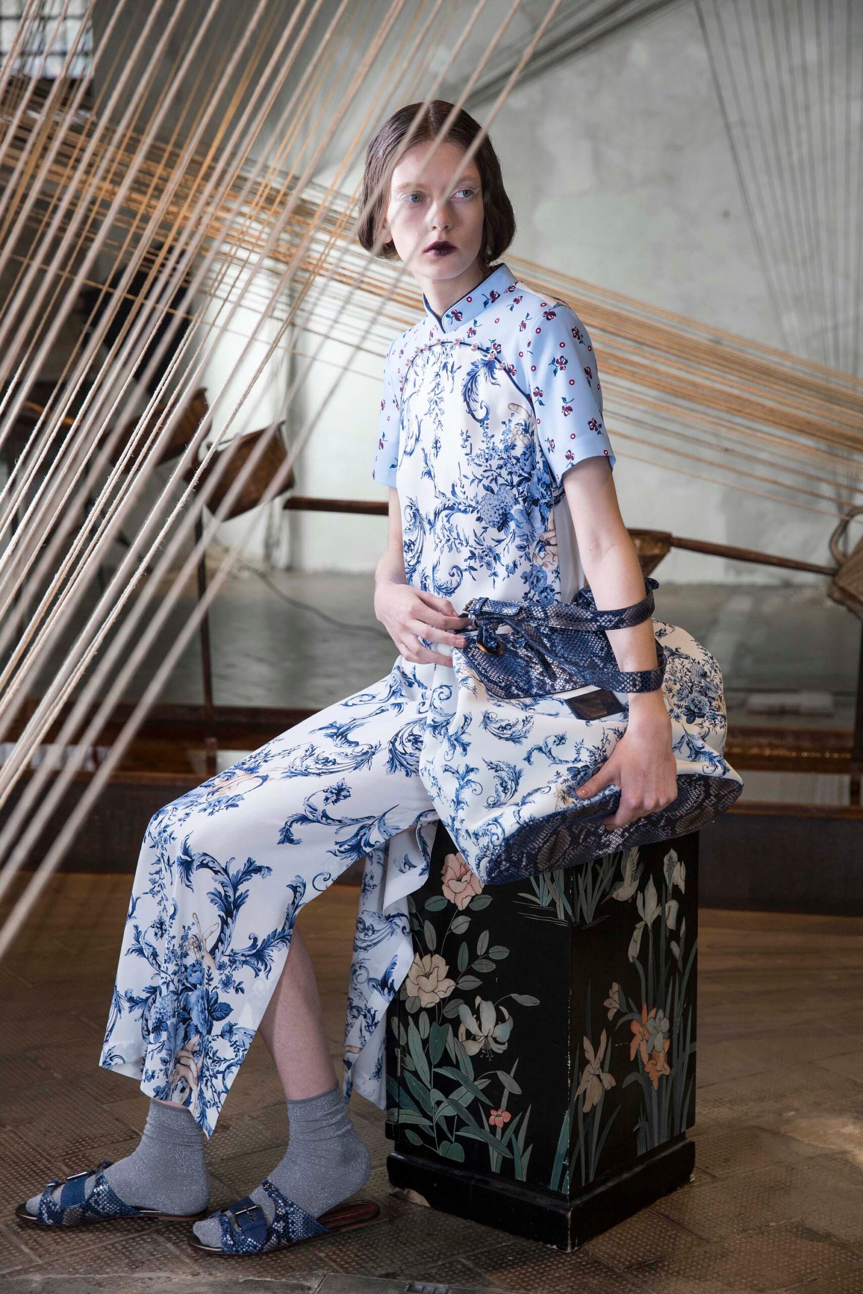 blue and white printed jumpsuit