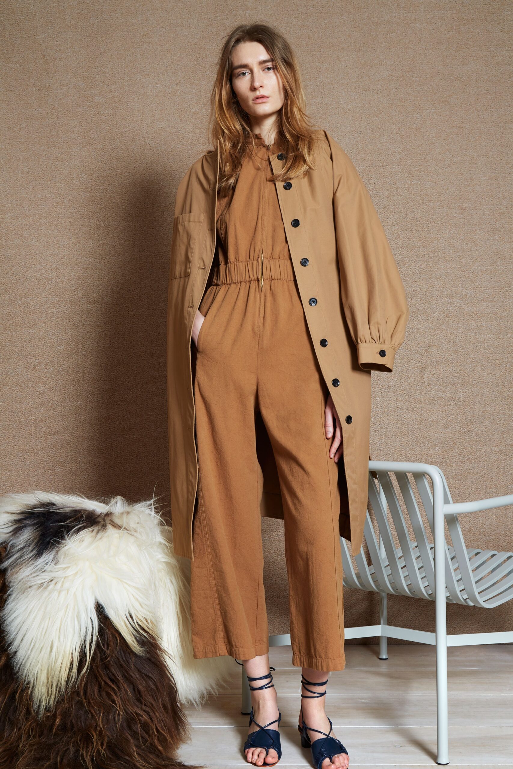 brown cotton trench and jumpsuit