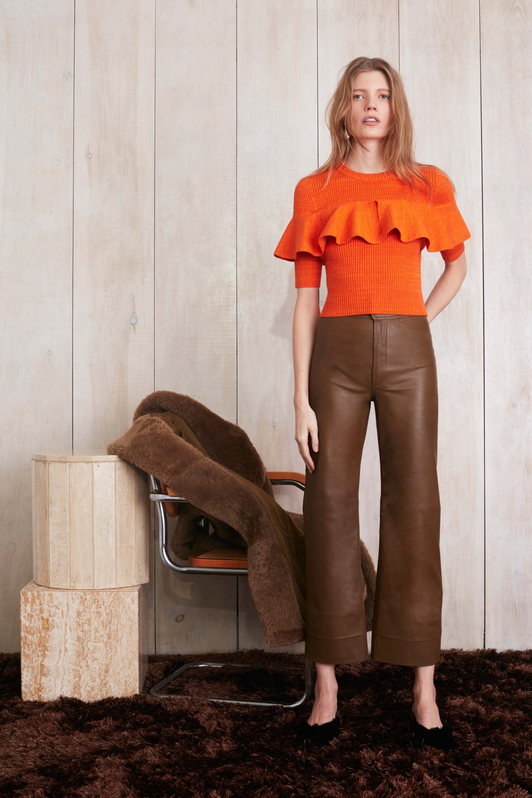 brown leather fitted flared pants