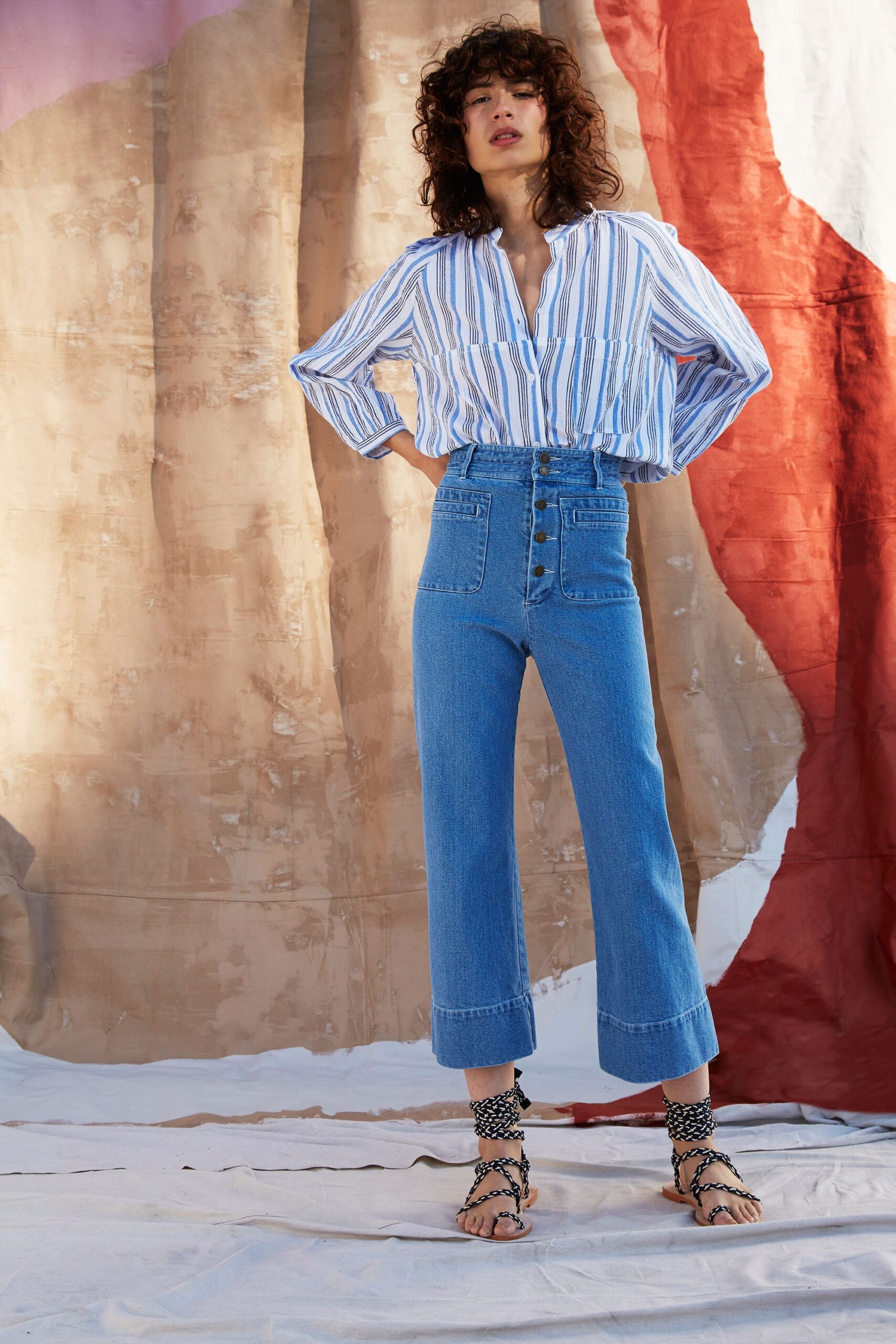 blue denim tailored buttoned cropped pants