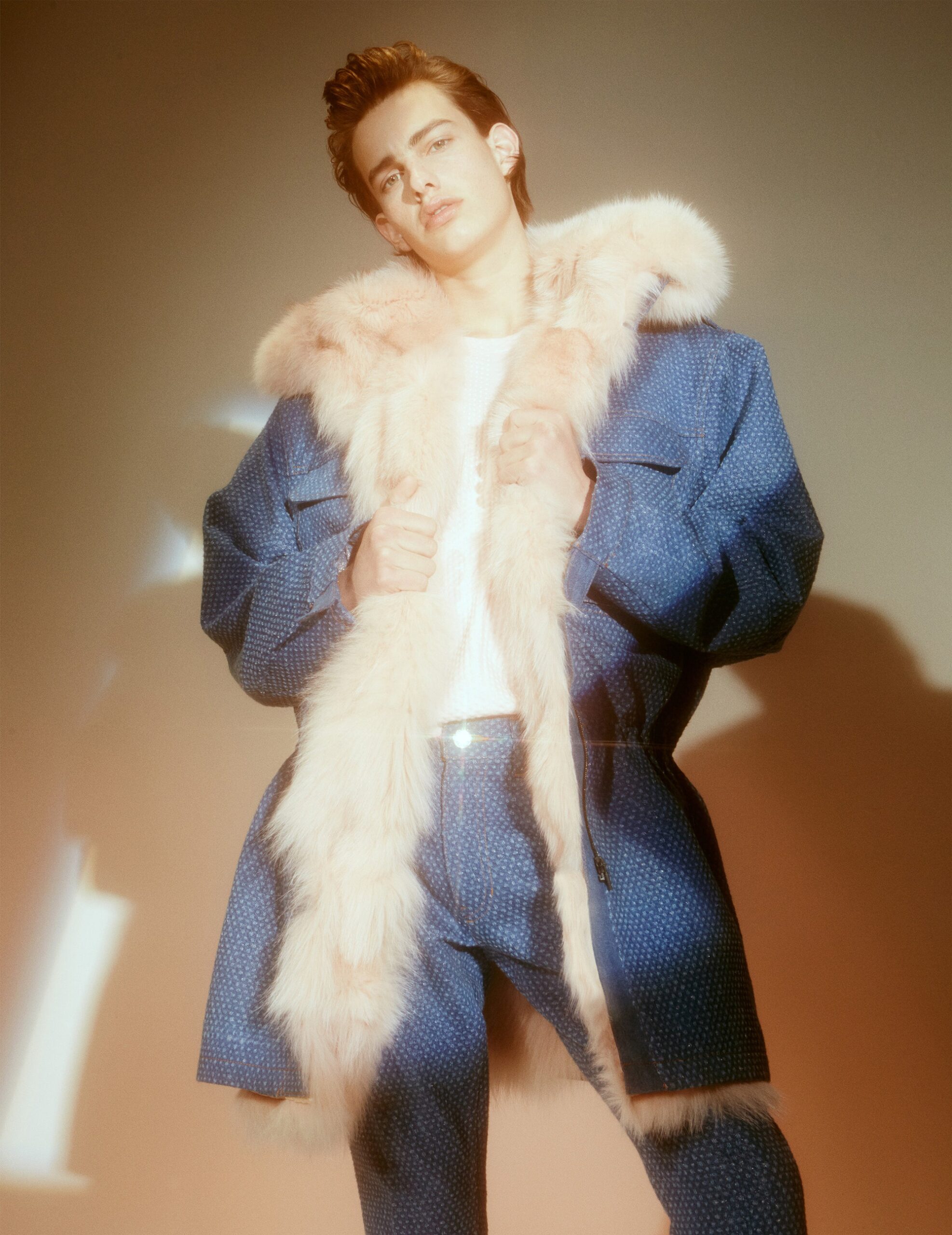 blue denim coat with fur