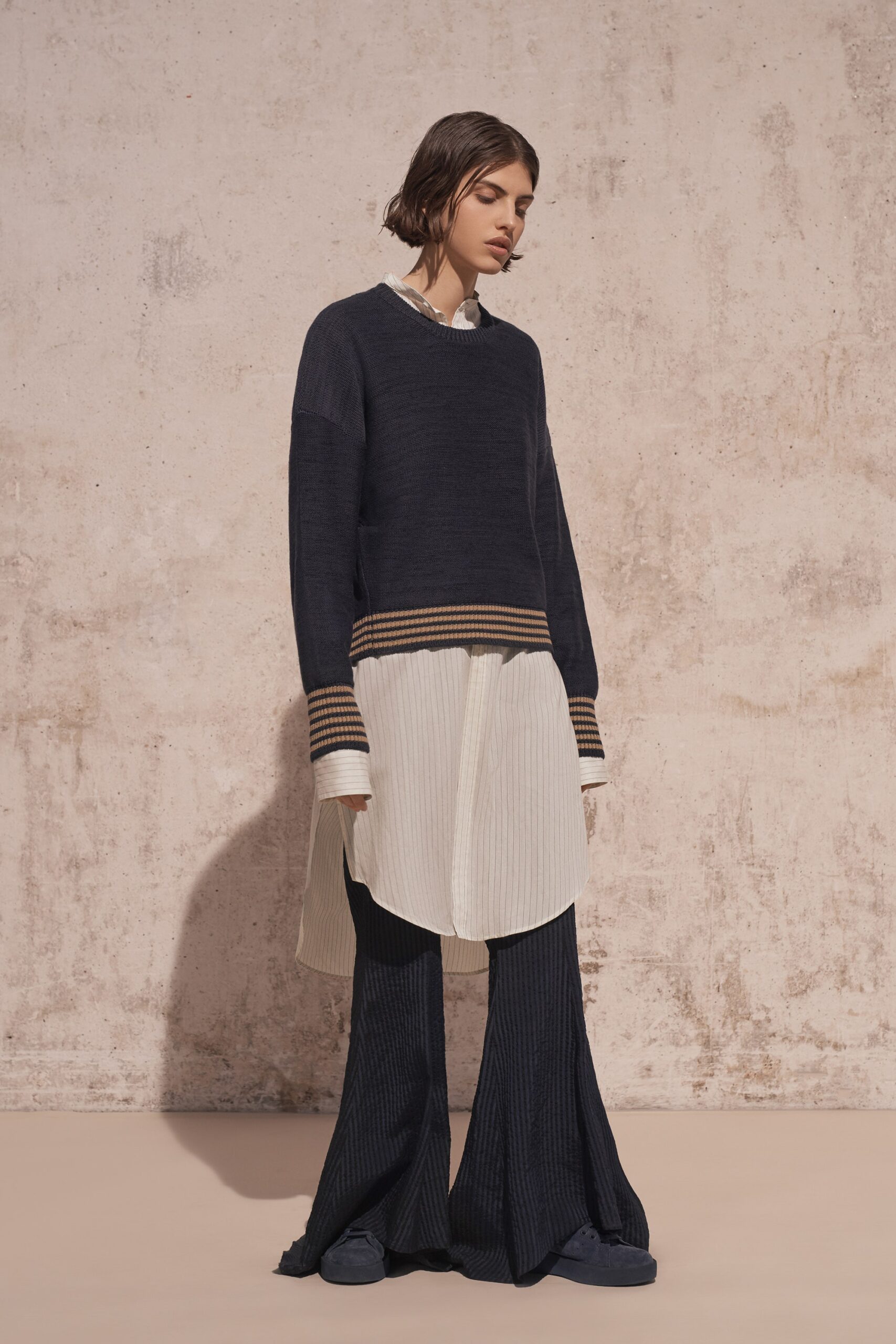 navy cropped sweater with white shirt