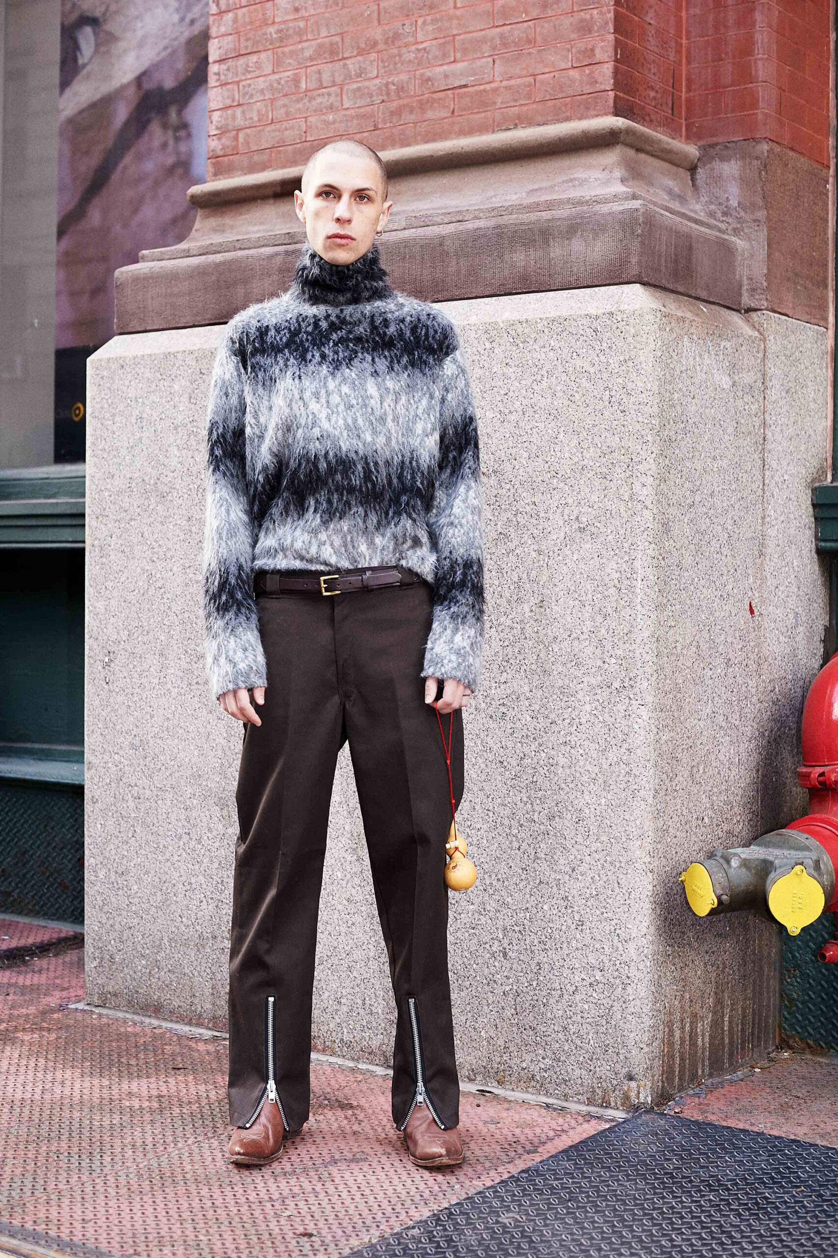 brown cotton long-sleeve tailored zippered pants