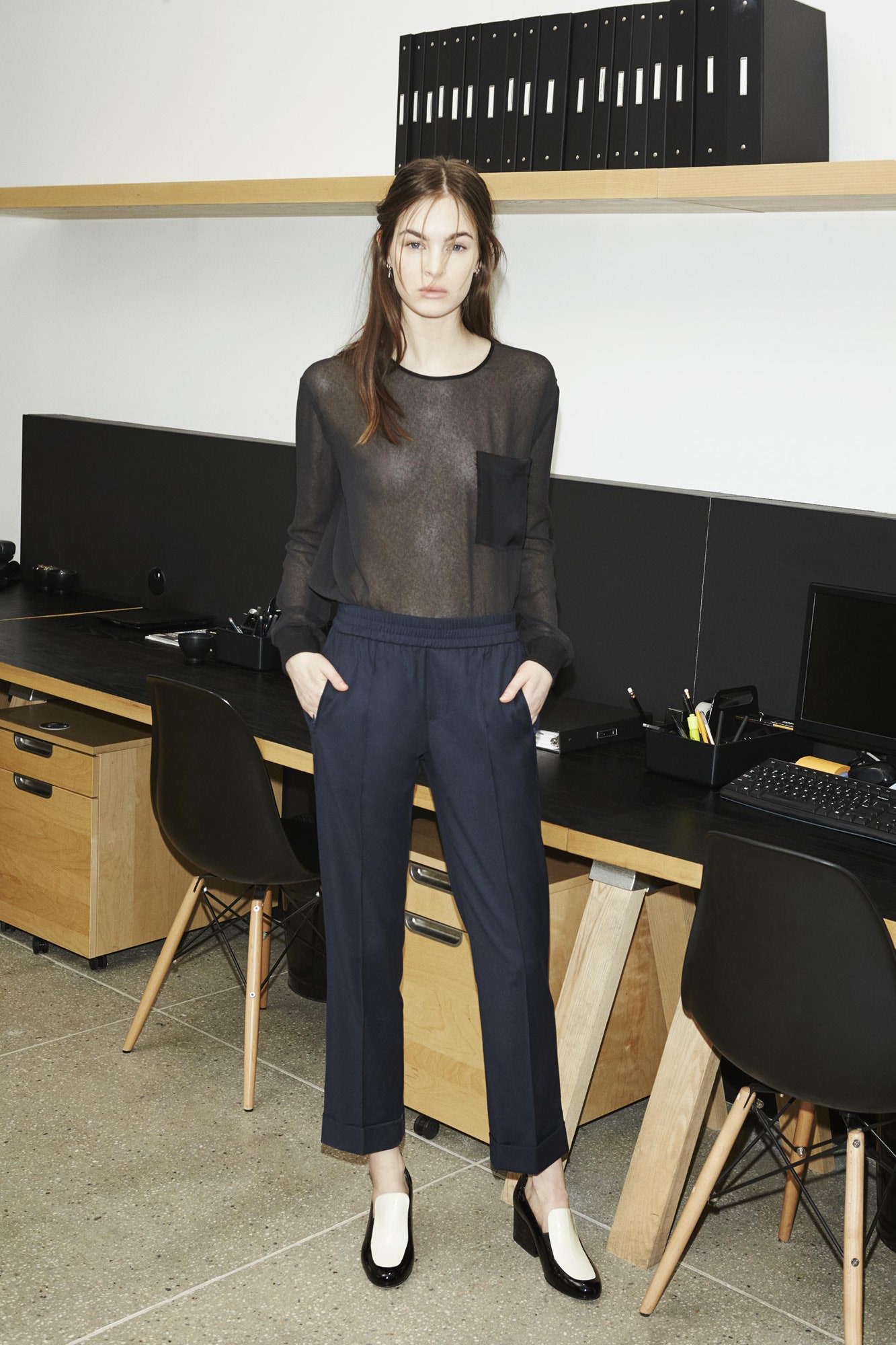 blue cotton tailored high-waisted straight-leg pants