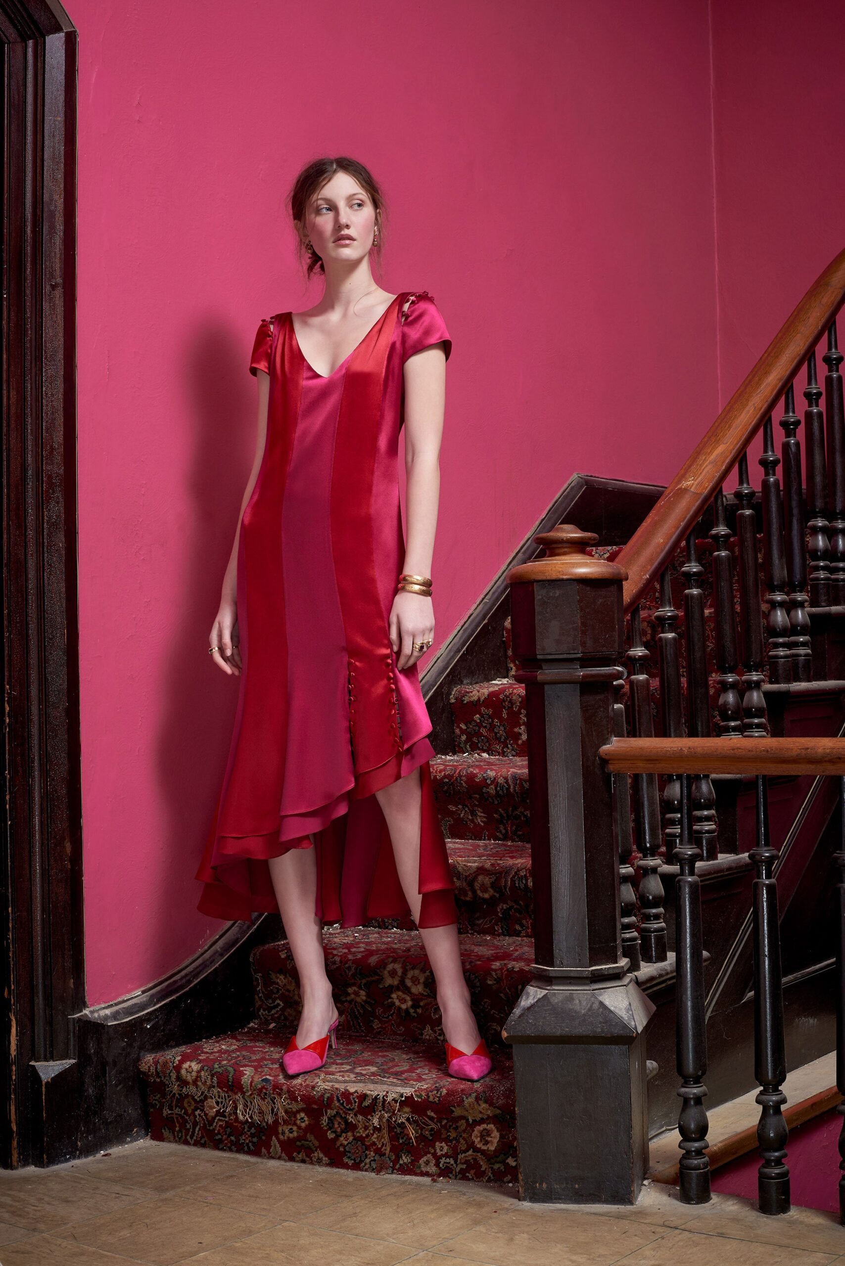 red silk short-sleeve v-neck fitted layered flowing dress