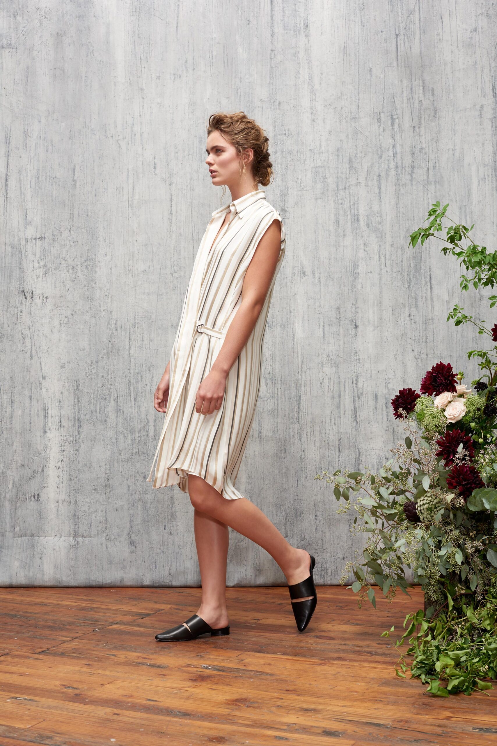 white cotton sleeveless collared relaxed striped belted dress