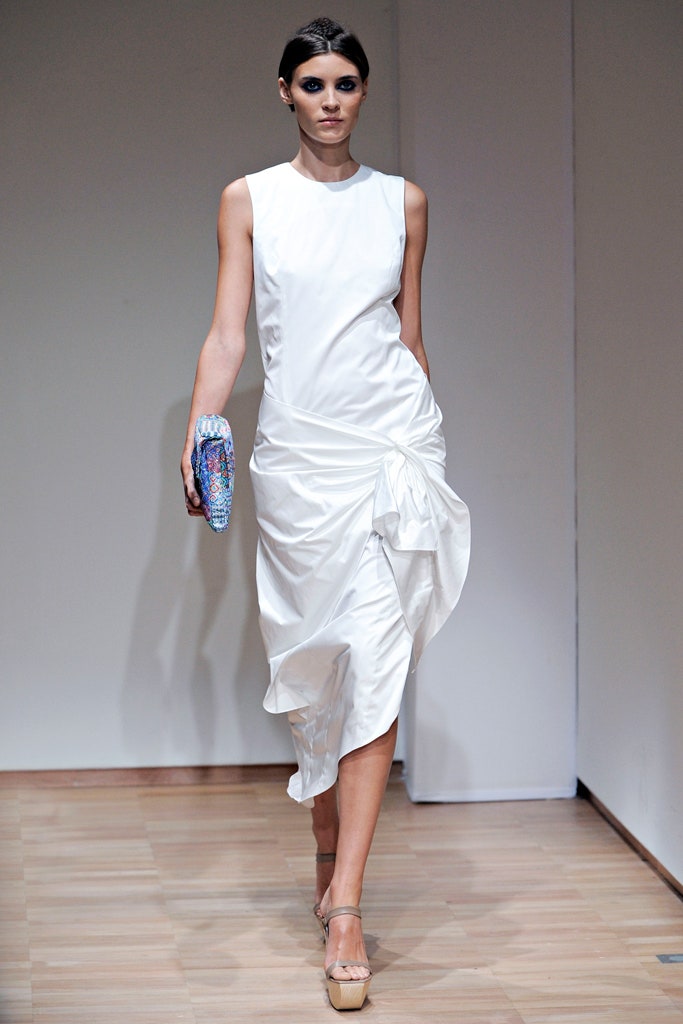 fitted white silk dress