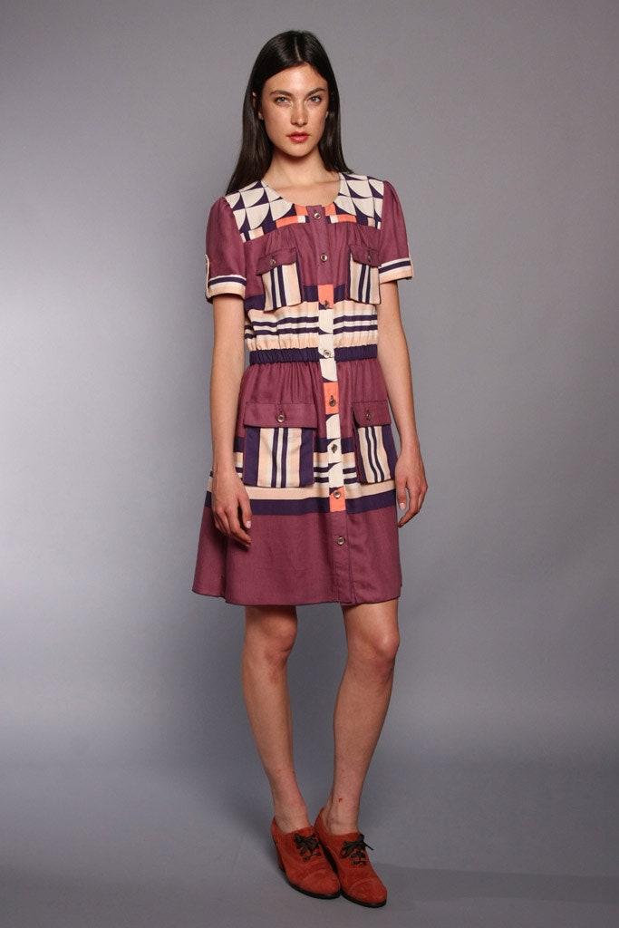 purple and beige short-sleeve dress
