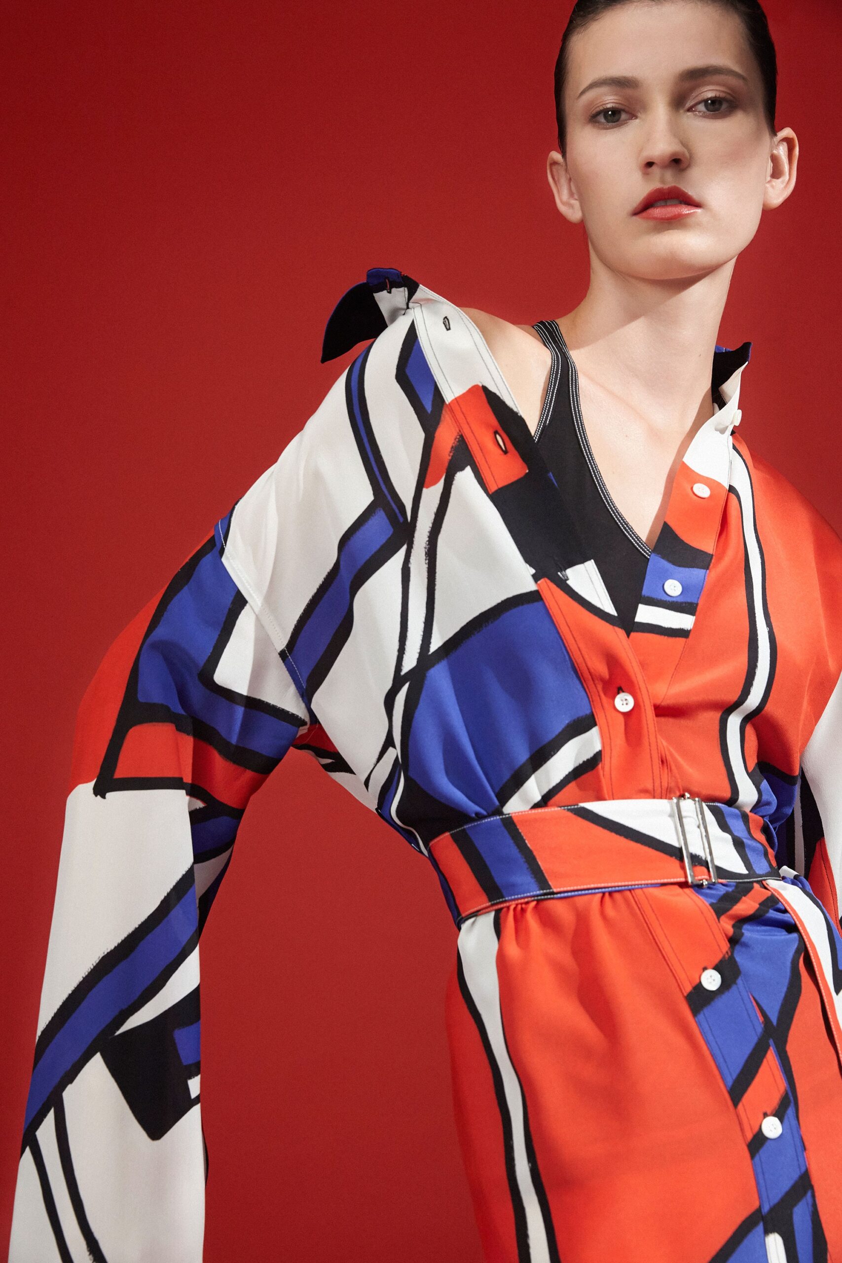 color-blocked silk shirt-dress