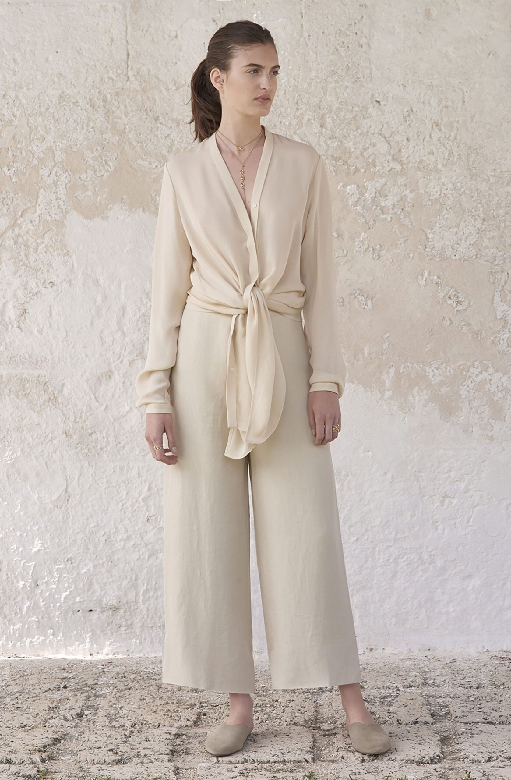 beige silk long-sleeve v-neck relaxed draped blouse