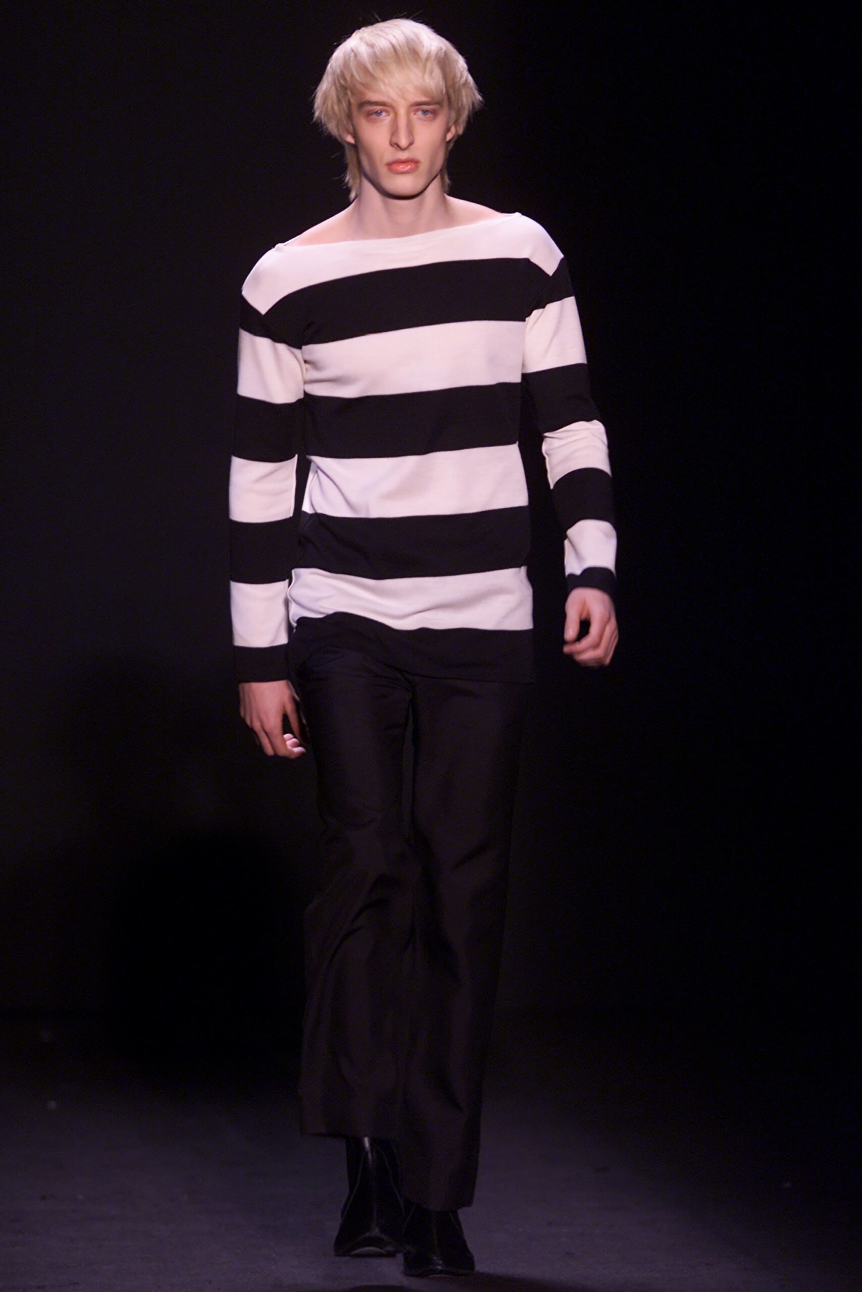 black and white striped top with fitted pants