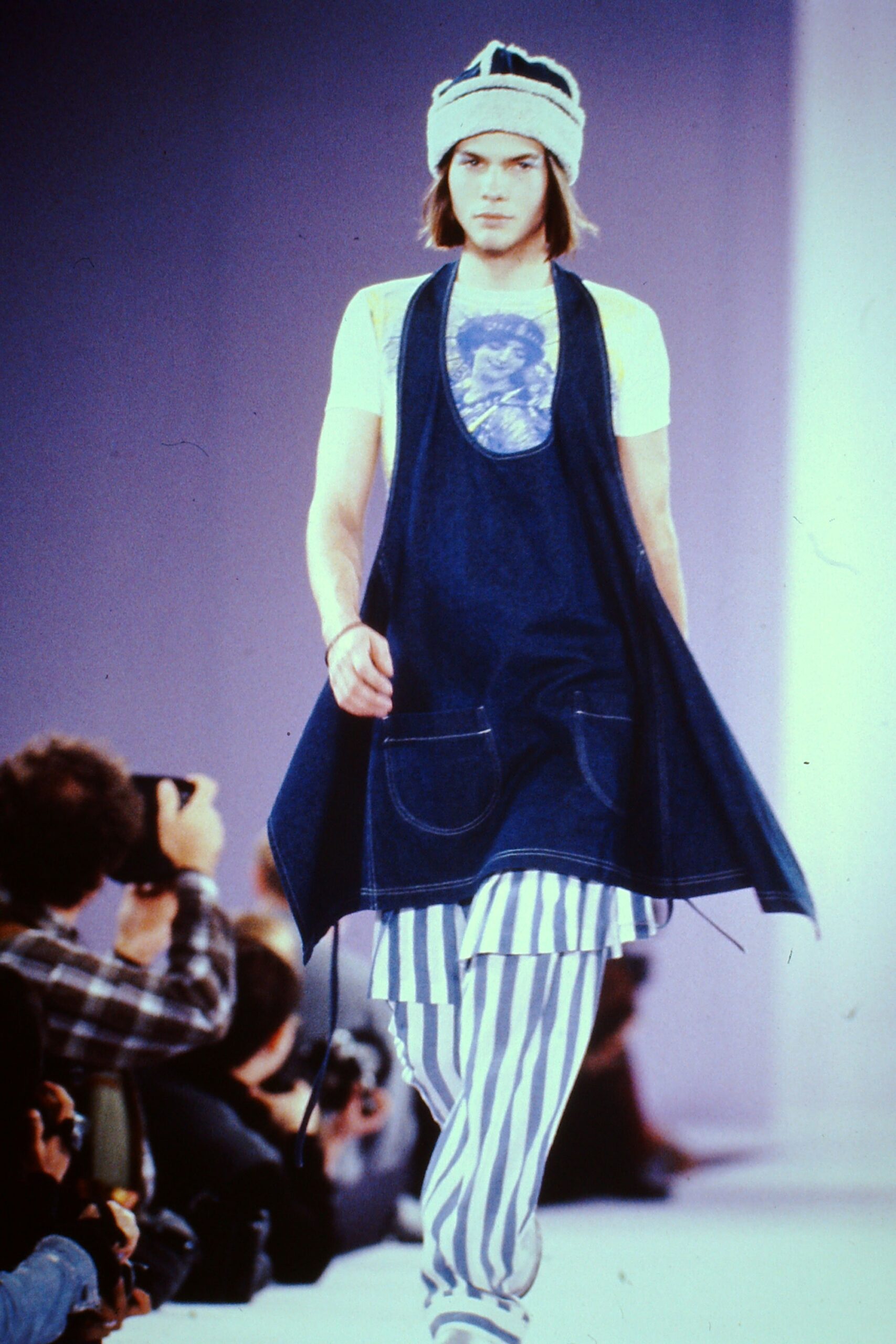 blue denim sleeveless dress with striped pants