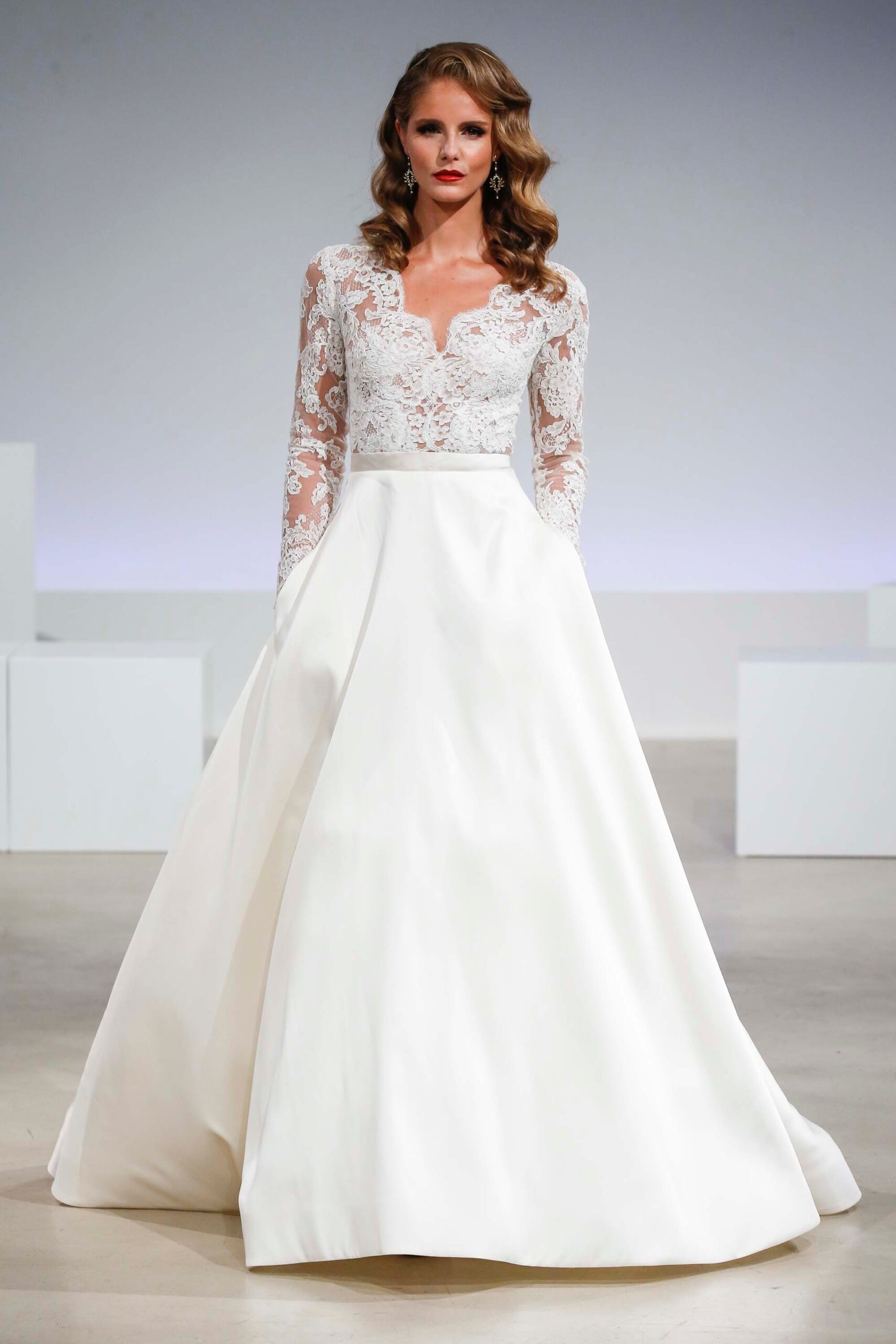 white lace long-sleeve gown